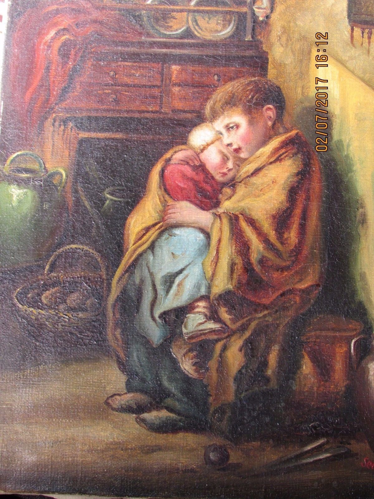 antique painting oil on canvas enfants miserable scene of style ...