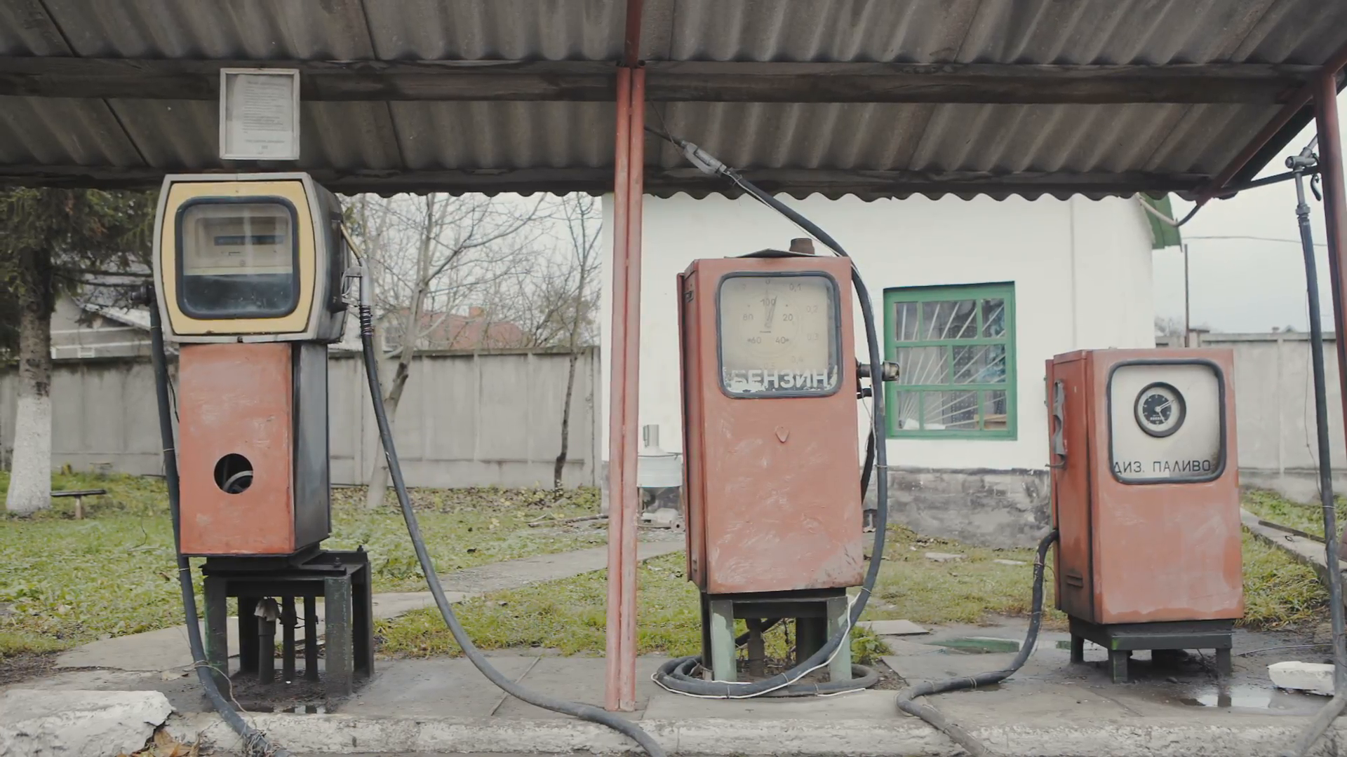 Old soviet petrol station group Stock Video Footage - Videoblocks