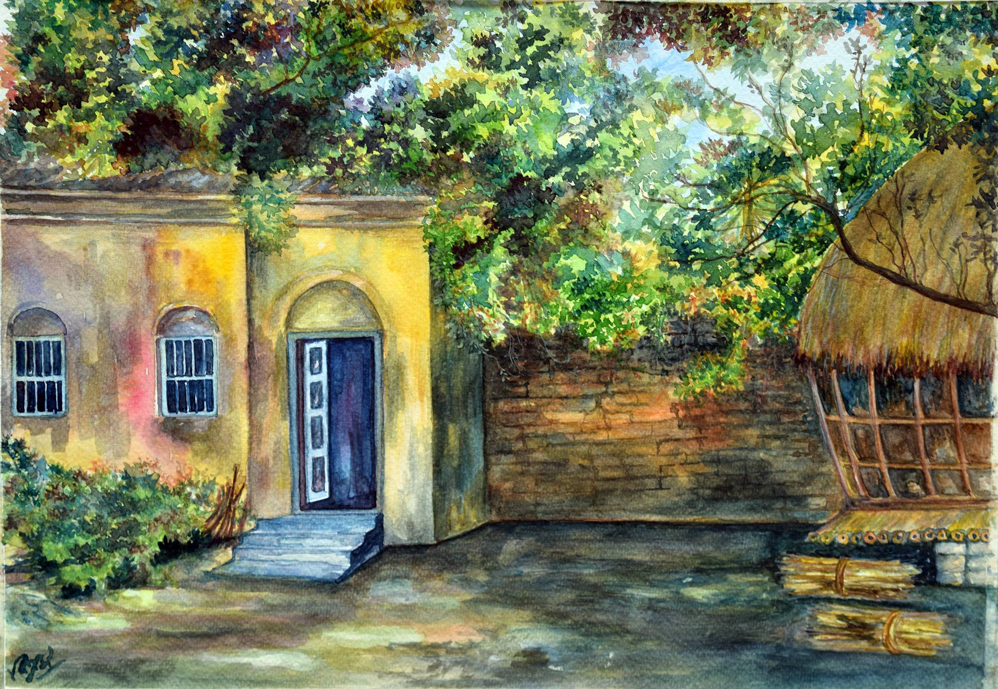 THE OLD VILLAGE HOUSE Water Color painting