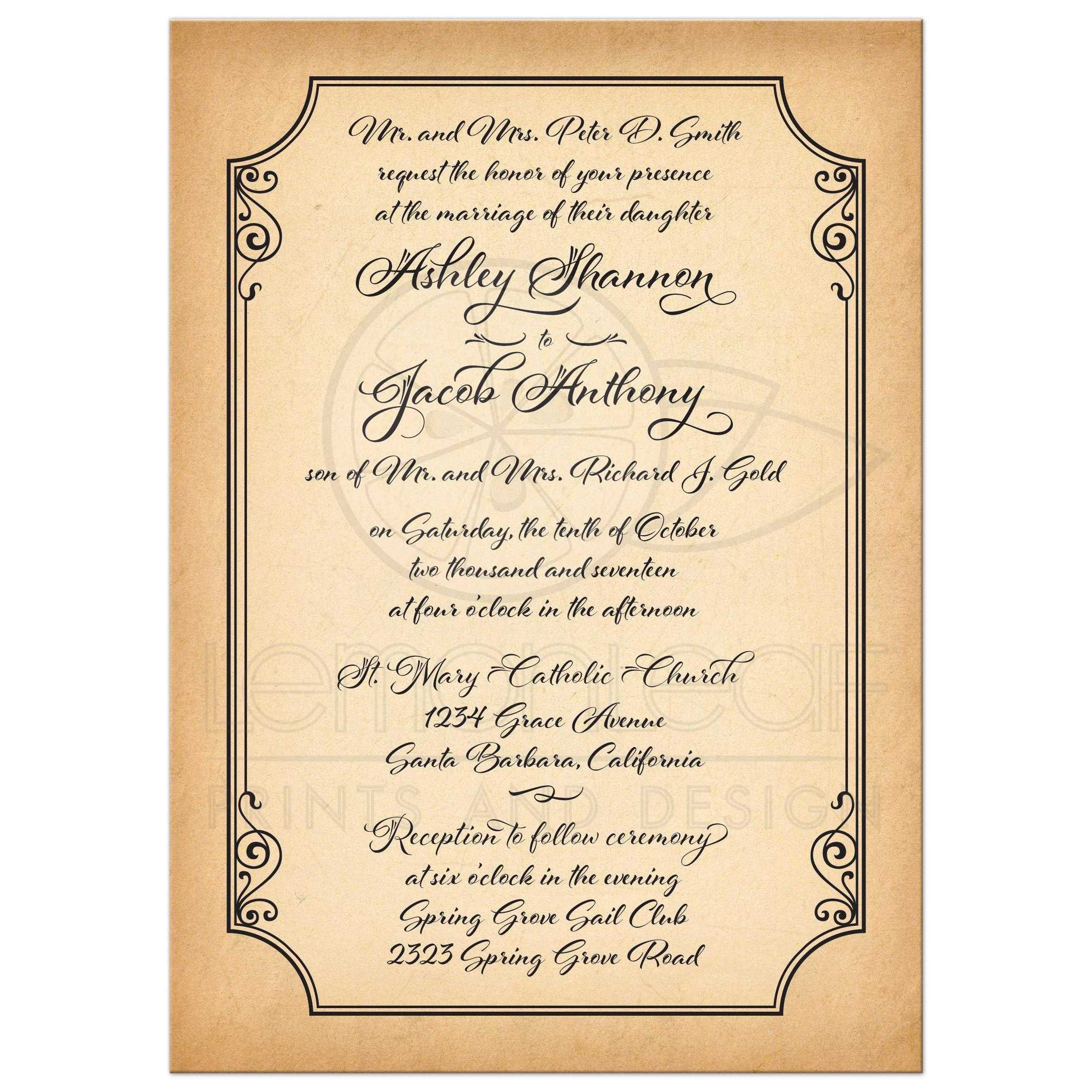 Old World Calligraphy Wedding Invitation Aged Parchment Look