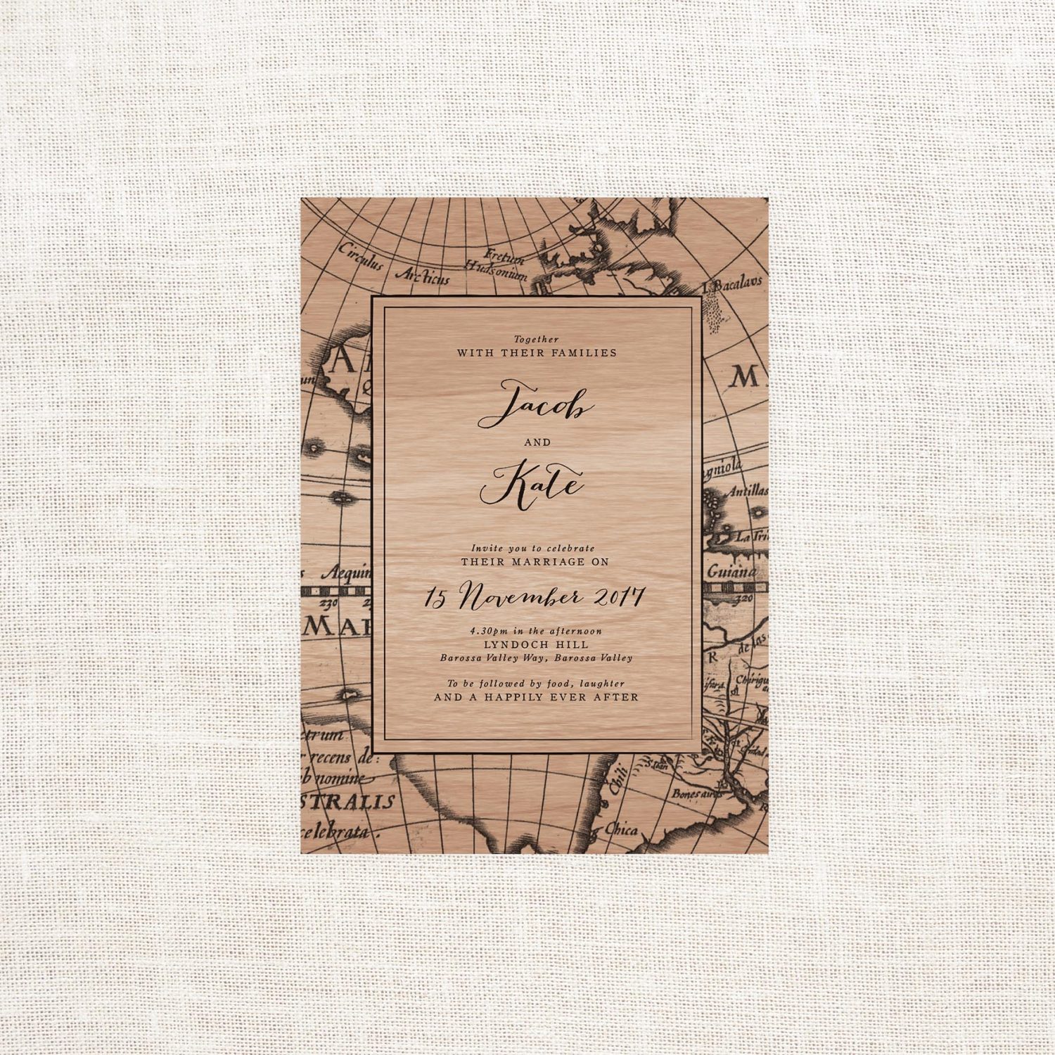 Vintage Map Wooden Wedding Invitations - Sail and Swan Studio