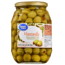 Great Value Manzanilla Olives Stuffed with Minced Pimiento, 21 oz ...