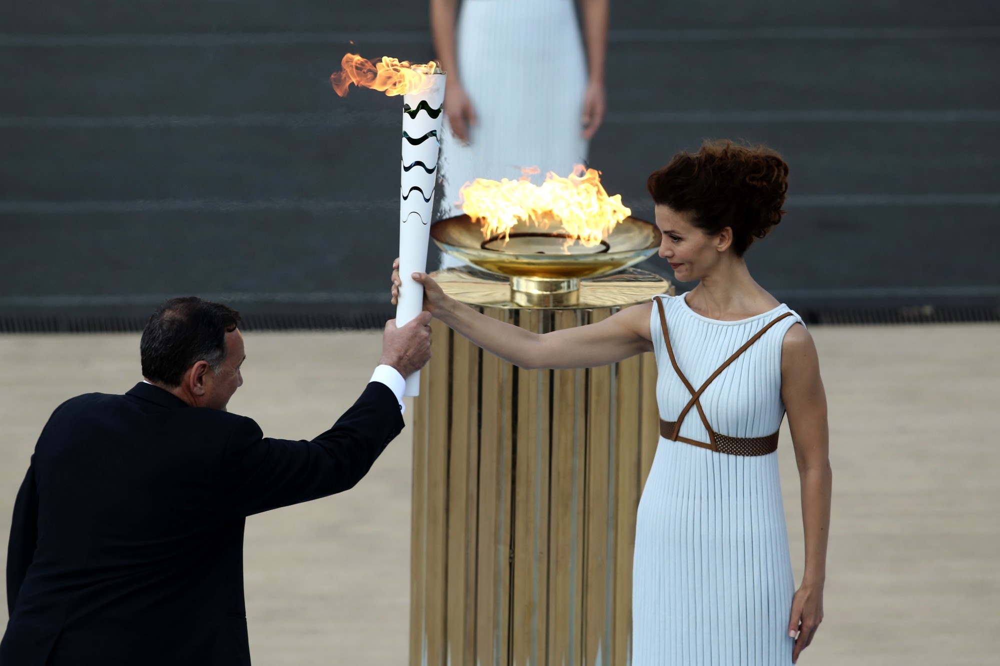 Olympic flame handover ceremony at the Panathenaic stadium in Athens