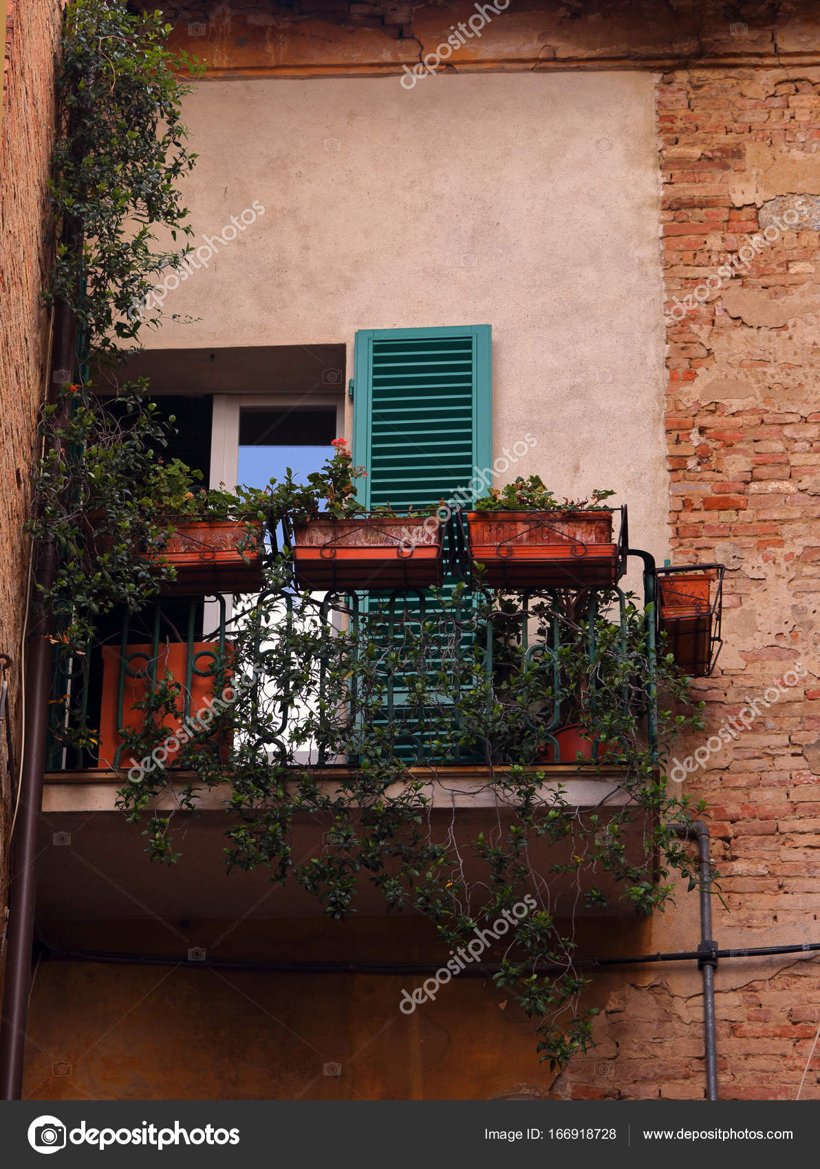 Beautiful flowers on the balcony on the old histiric europe ital ...