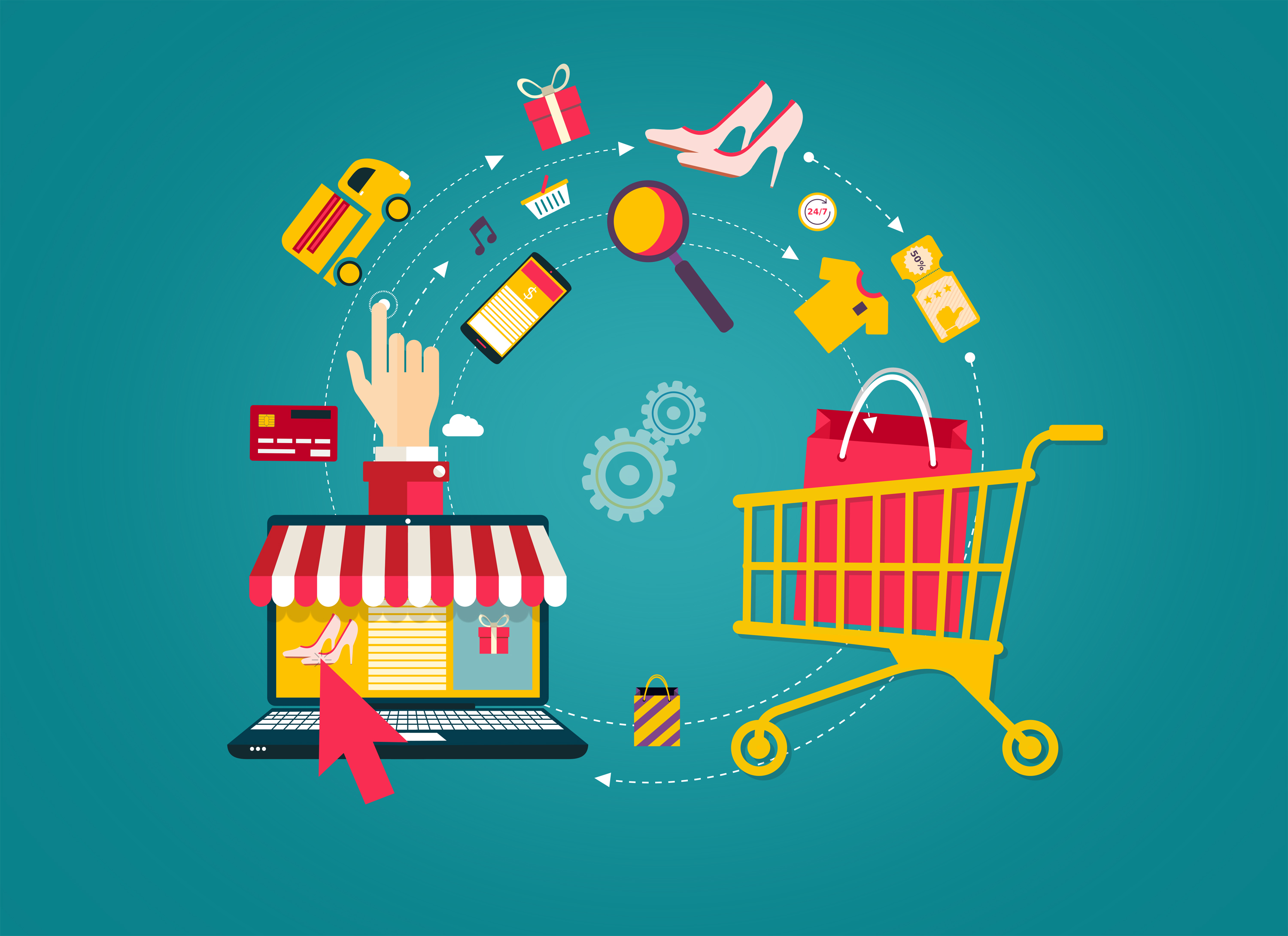 Online shopping - laptop to shopping cart photo