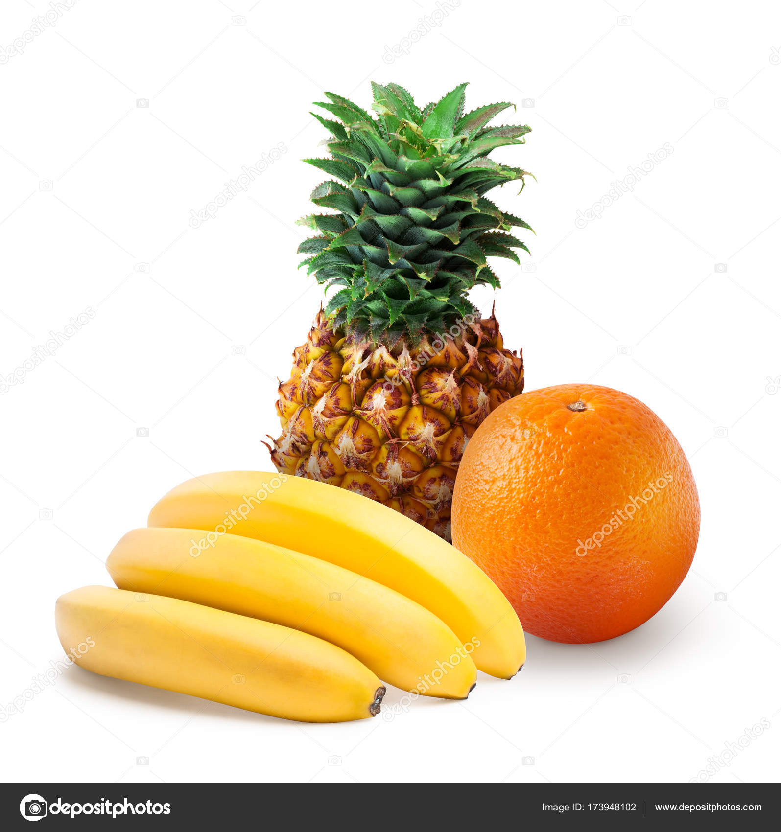 Tropical fruits: pineapple, orange and bananas isolated — Stock ...