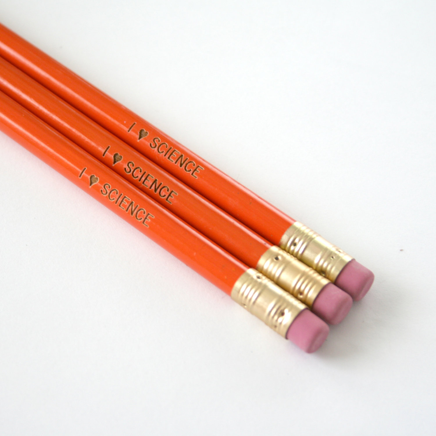 i love science engraved pencil set of 3 in orange persimmon.
