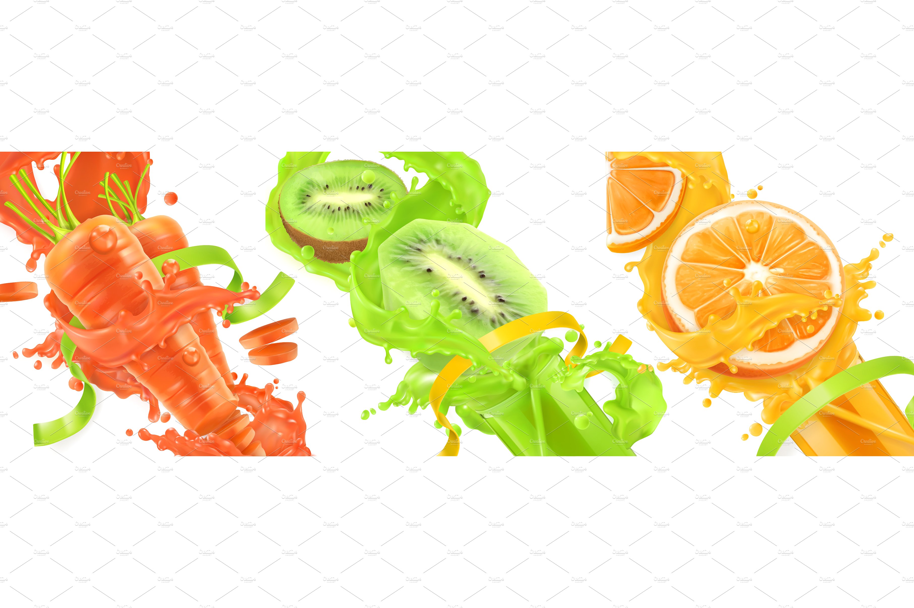 Carrot, kiwi, orange splash of juice ~ Illustrations ~ Creative Market