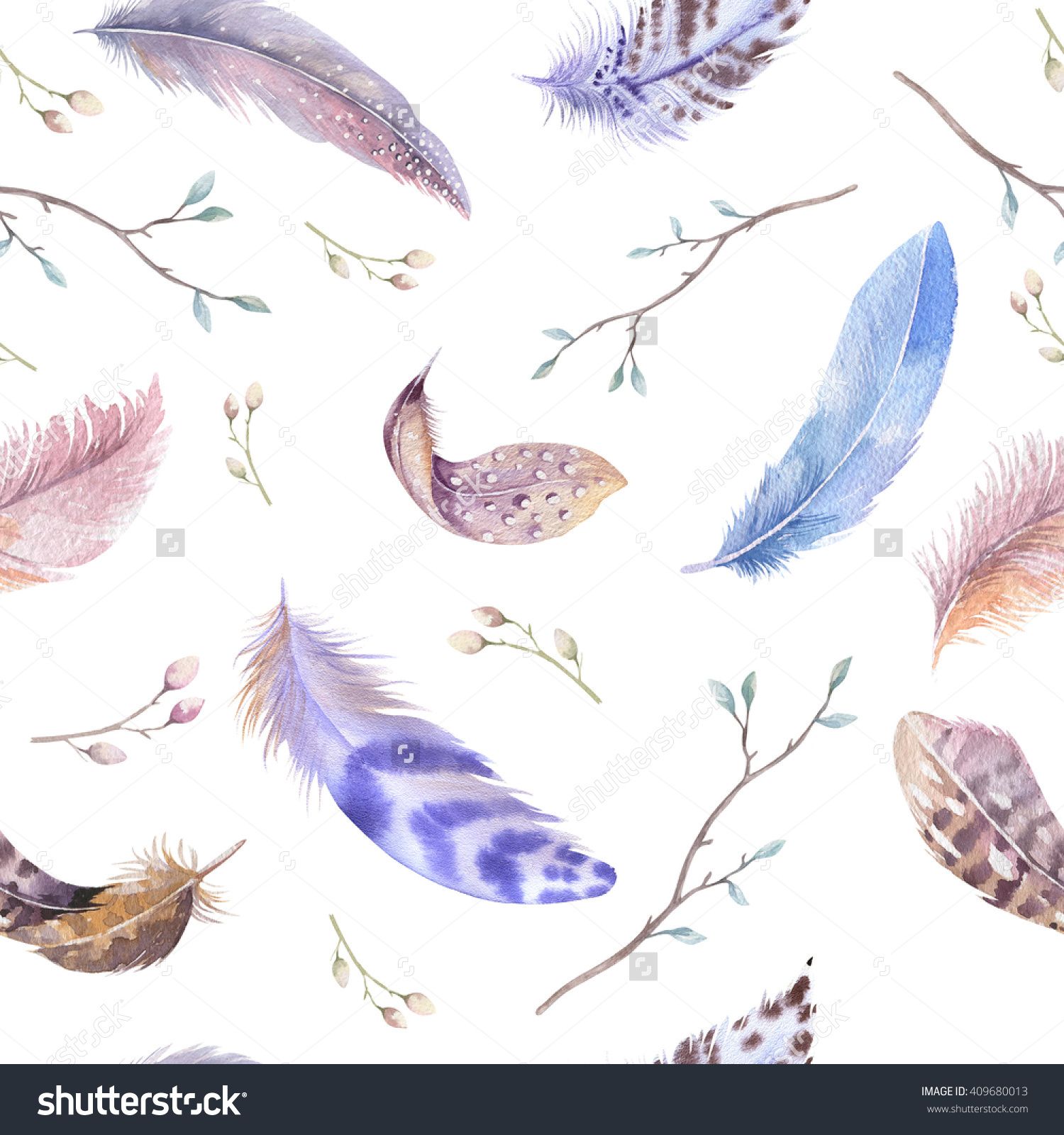 Feathers Pattern. Watercolor Elegant Background. Watercolour Color ...