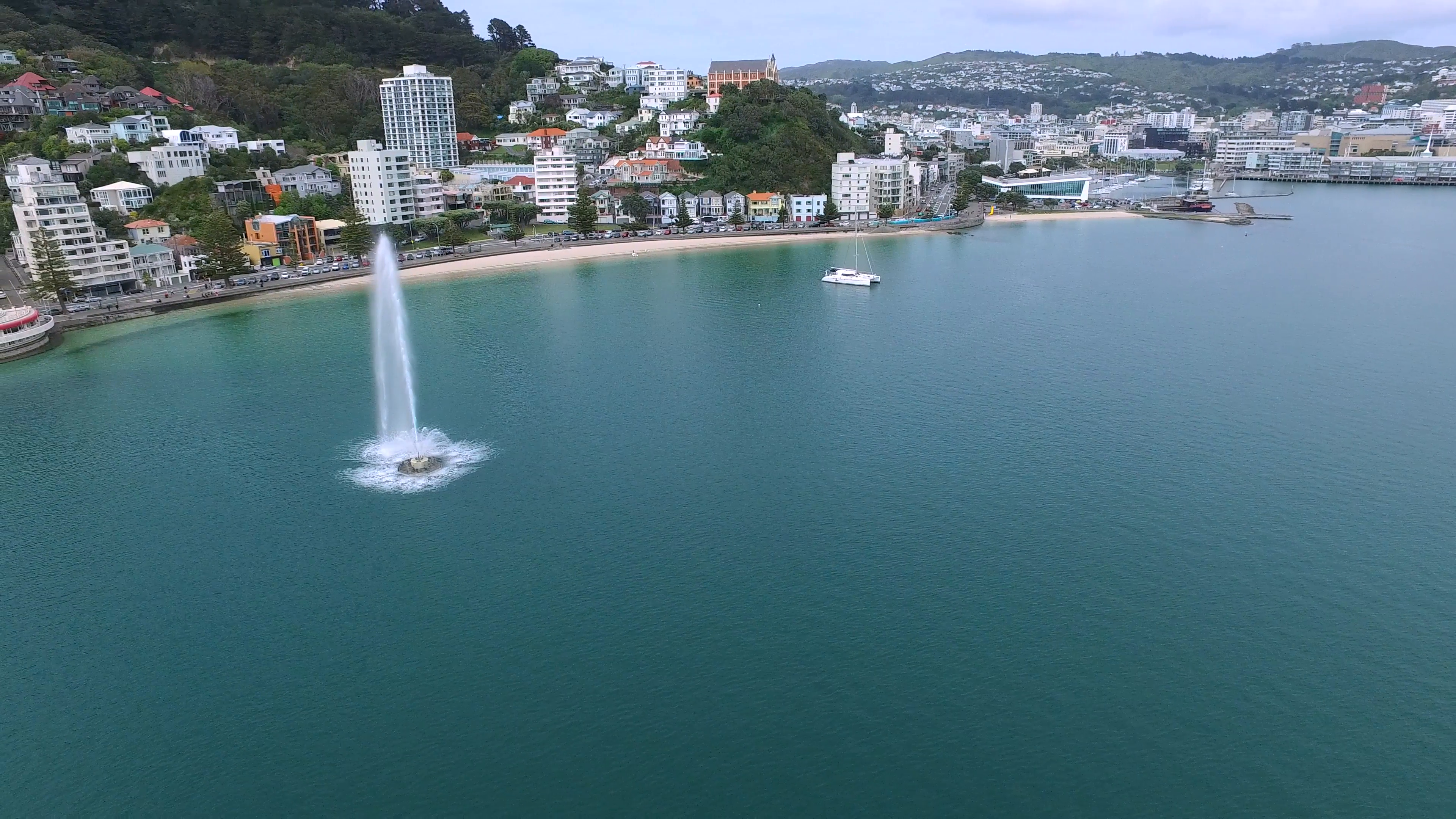 Oriental Bay, Wellington. Pan out of bay and over fountain. Stock ...
