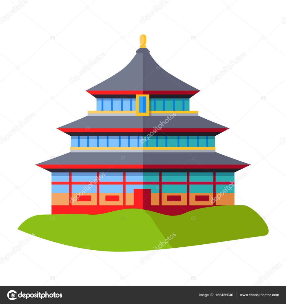 Oriental Building Isolated on Green Grass on White — Stock Vector ...