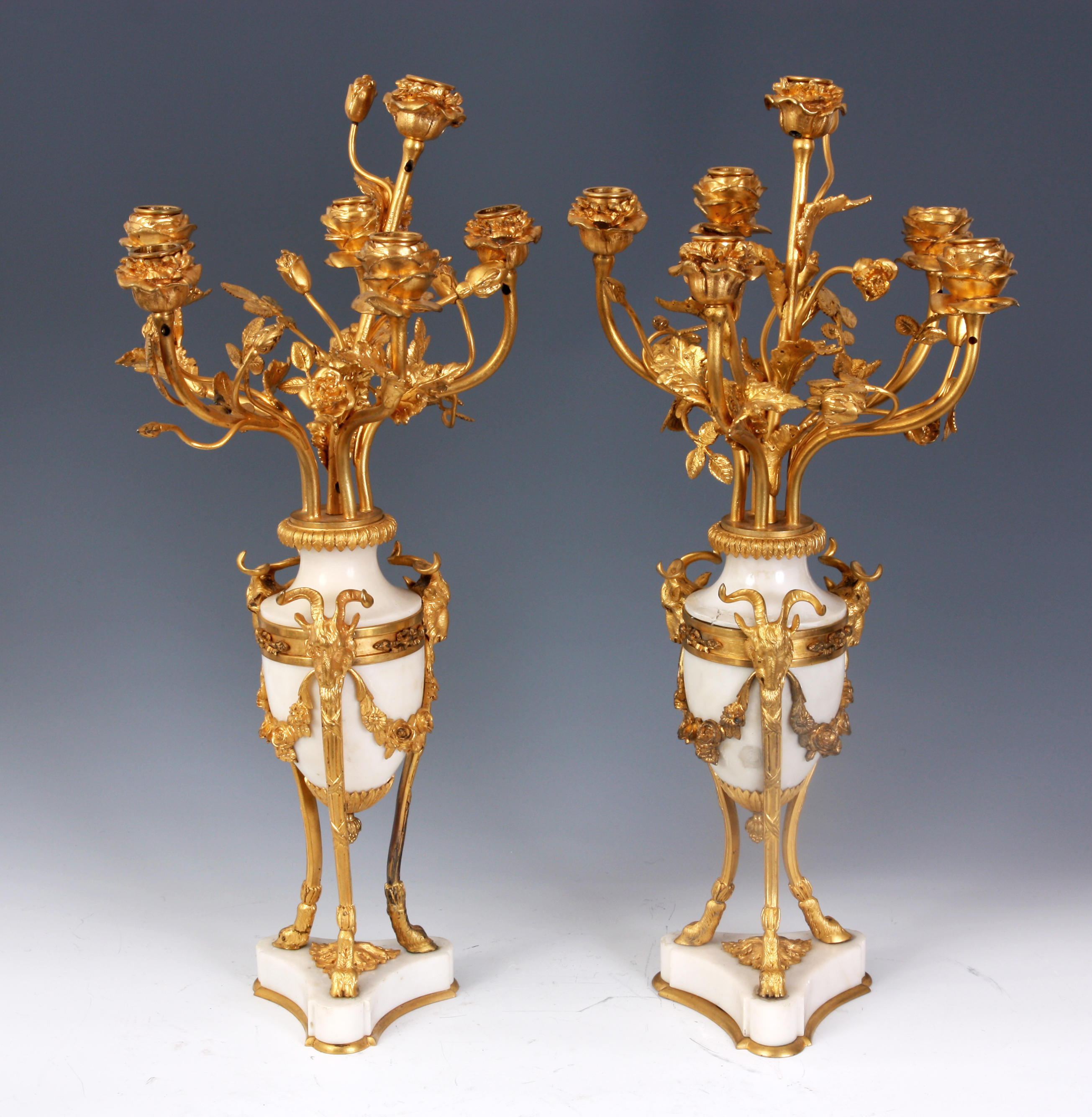 A PAIR OF LARGE 19TH CENTURY FRENCH ORMOLU AND WHITE MARBLE SIX ...