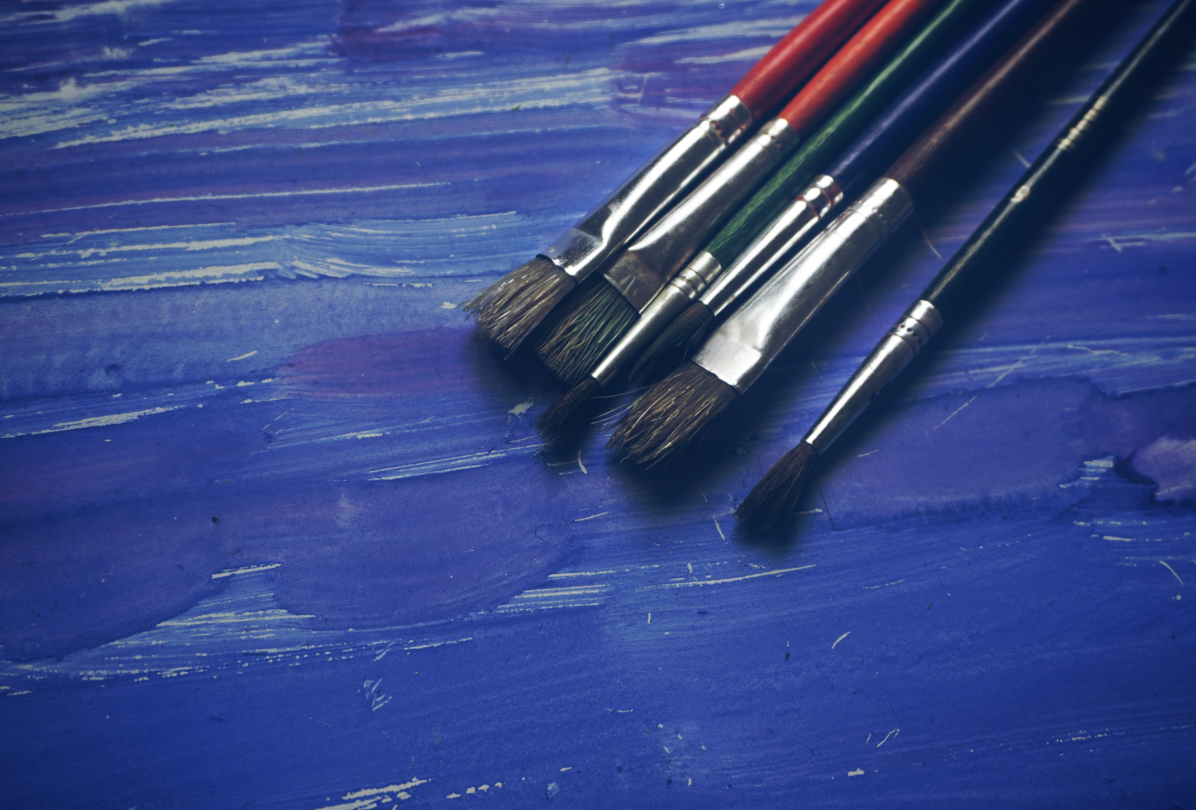 Paint brushes on blue photo