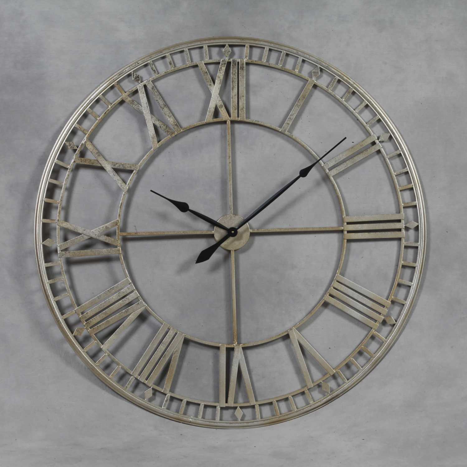 ET287 Large Round Silver Painted Skeleton Roman Numeral Wall Clock