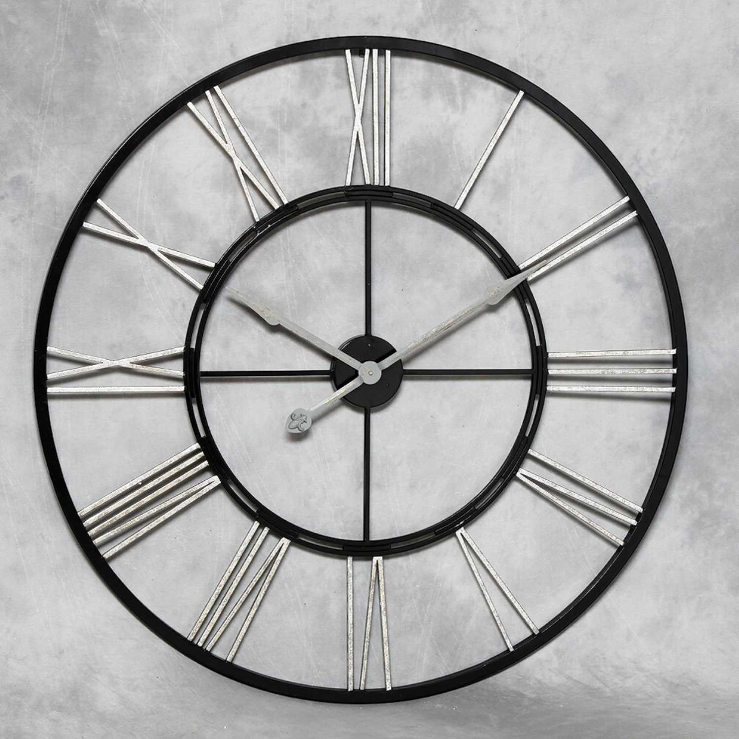 Large Skeleton Black And Silver Painted Round Iron Numerals Wall Clock