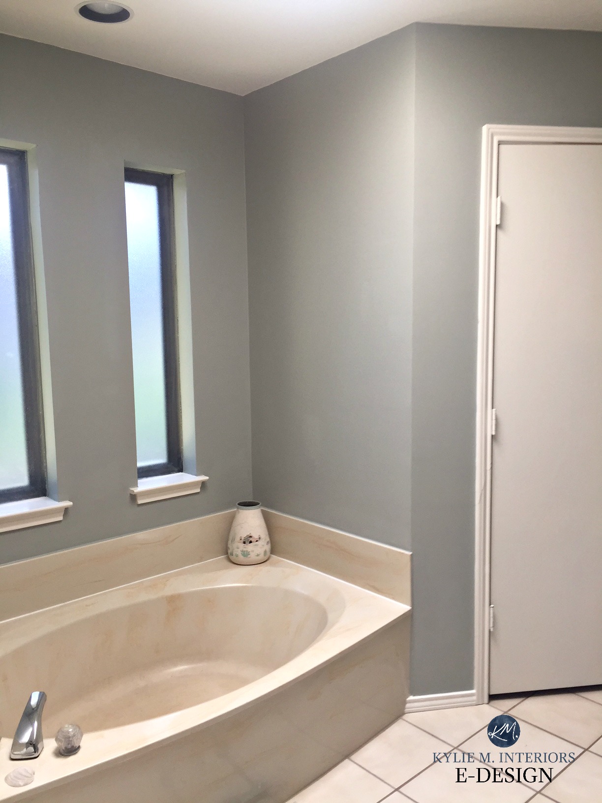 Almond, bone bathroom fixtures, tub and tile with Gray painted wall ...