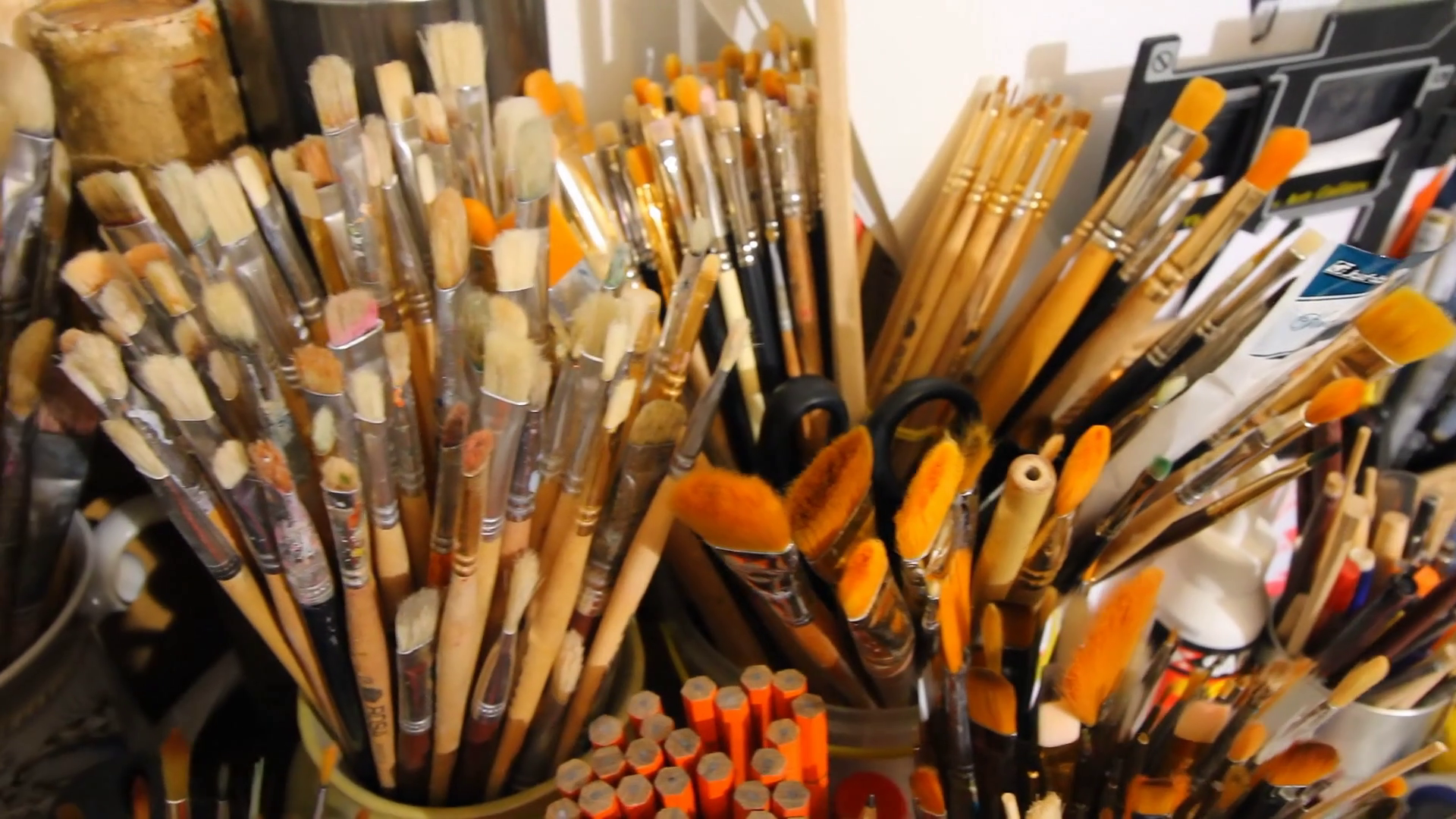 Paint Brushes on Art workroom background. Oil painting materials ...
