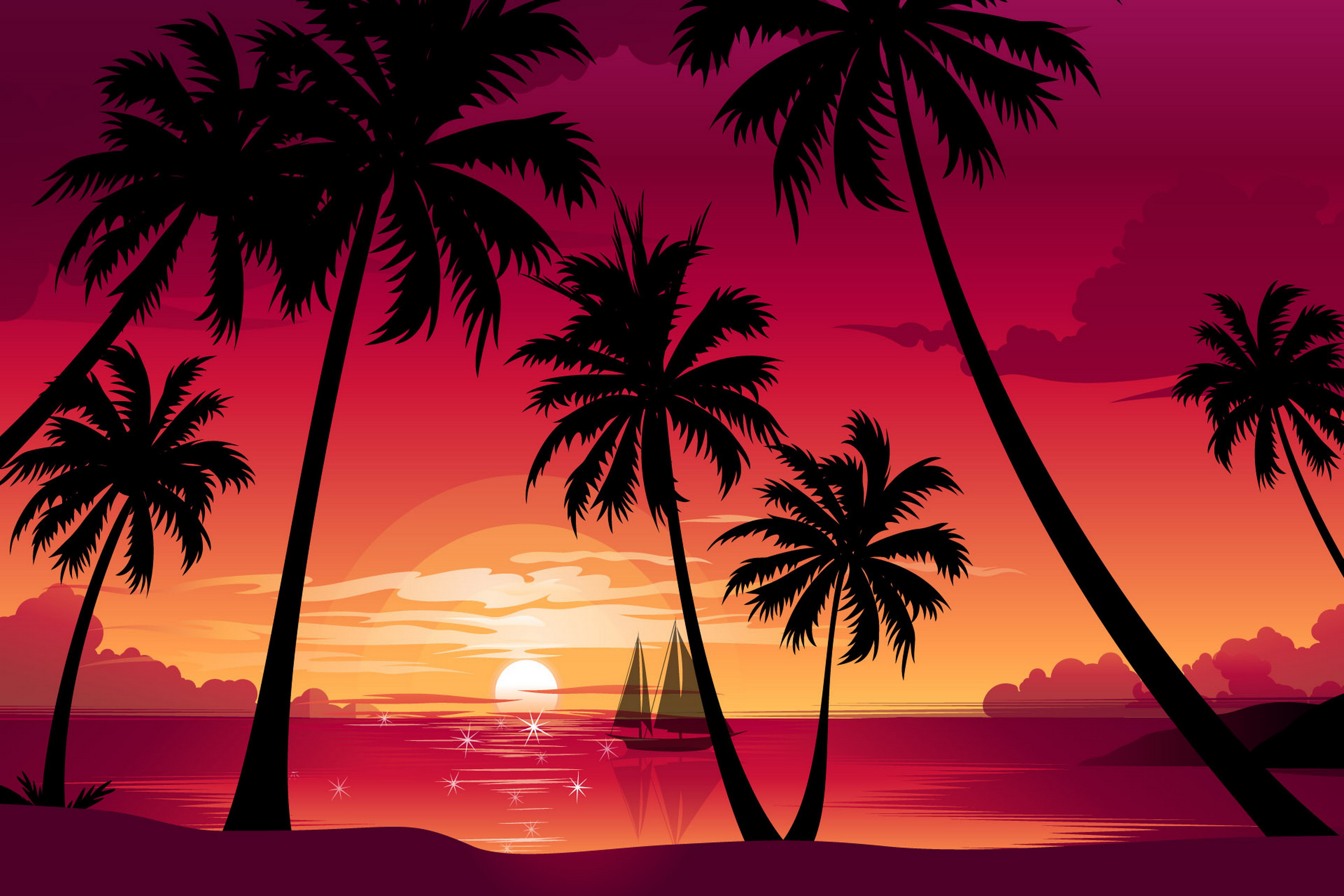 Nature palm trees beach sea boat sun sunset vector Living room home ...