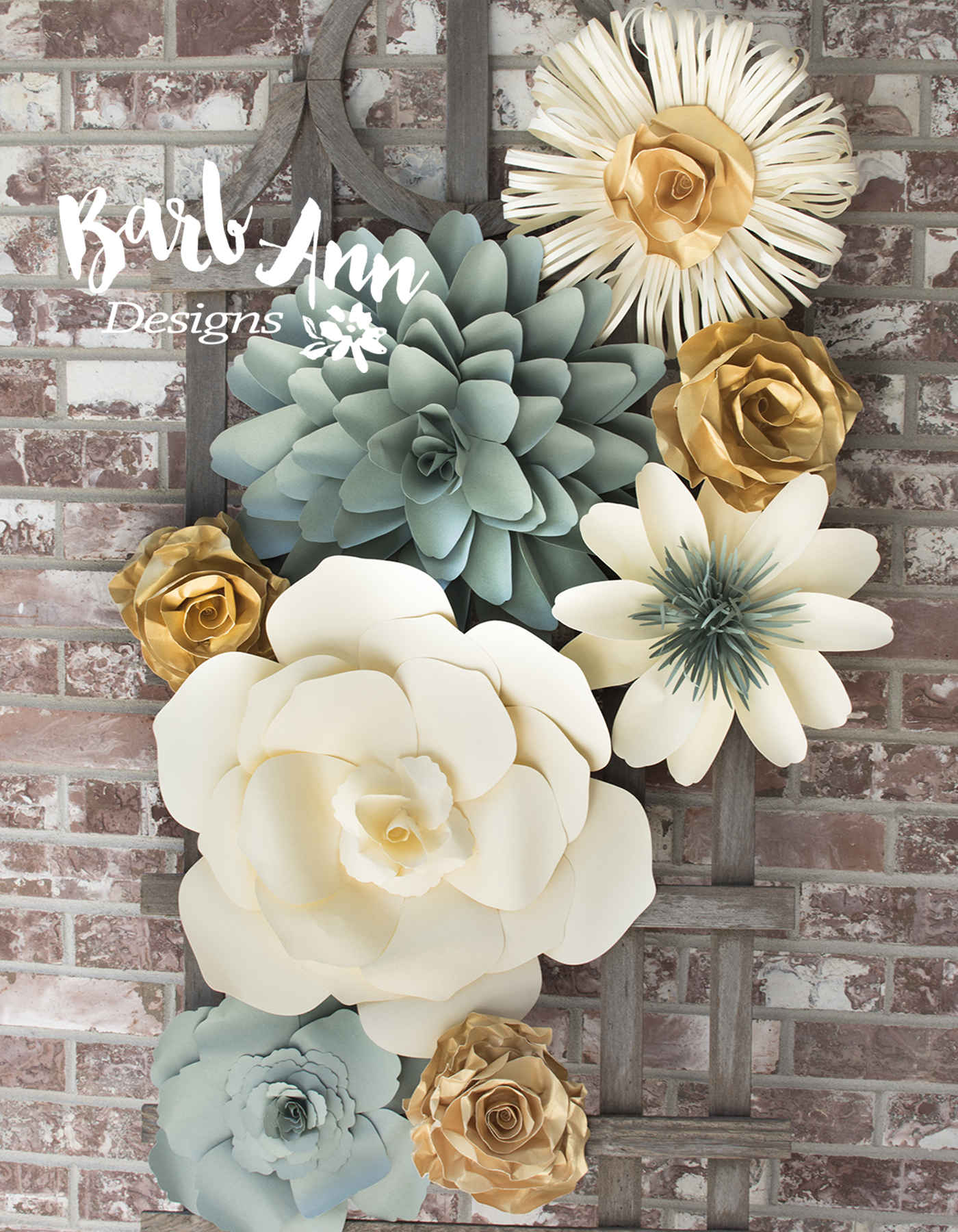 Eucalyptus, Gold, & Cream Large Paper Flower Wall Backdrop - Barb ...