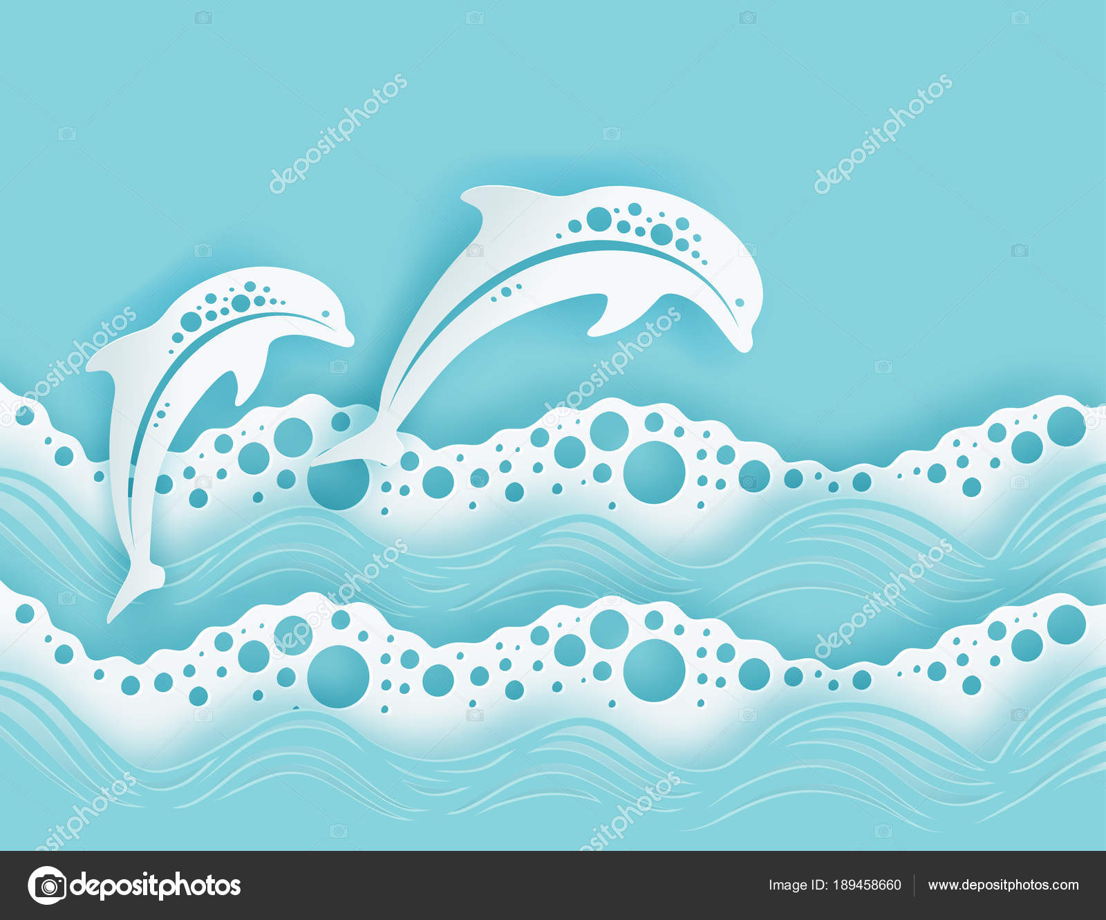 Paper sea waves and couple of dolphins. Paper cut deep style vetor ...
