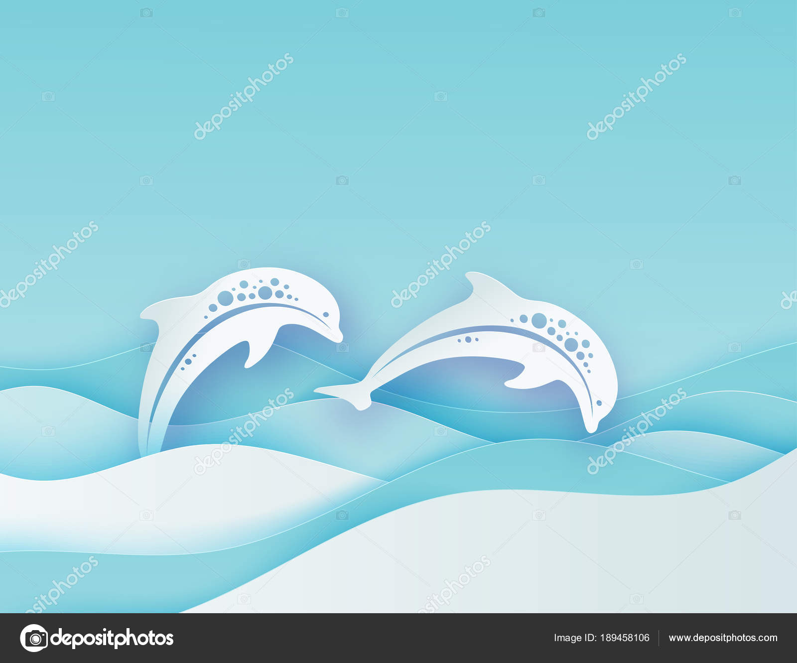 Paper sea waves and couple of dolphins. Paper cut deep style vec ...