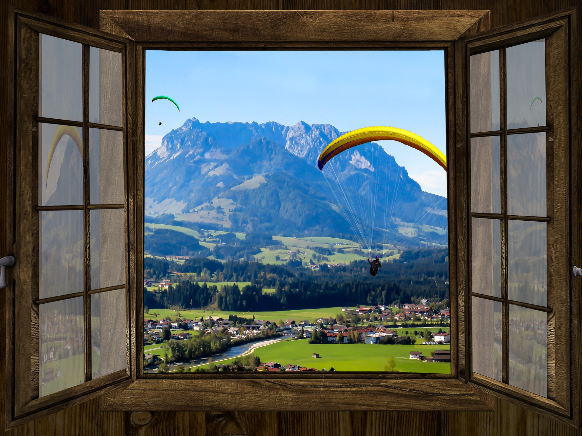 Paraglider through the window photo