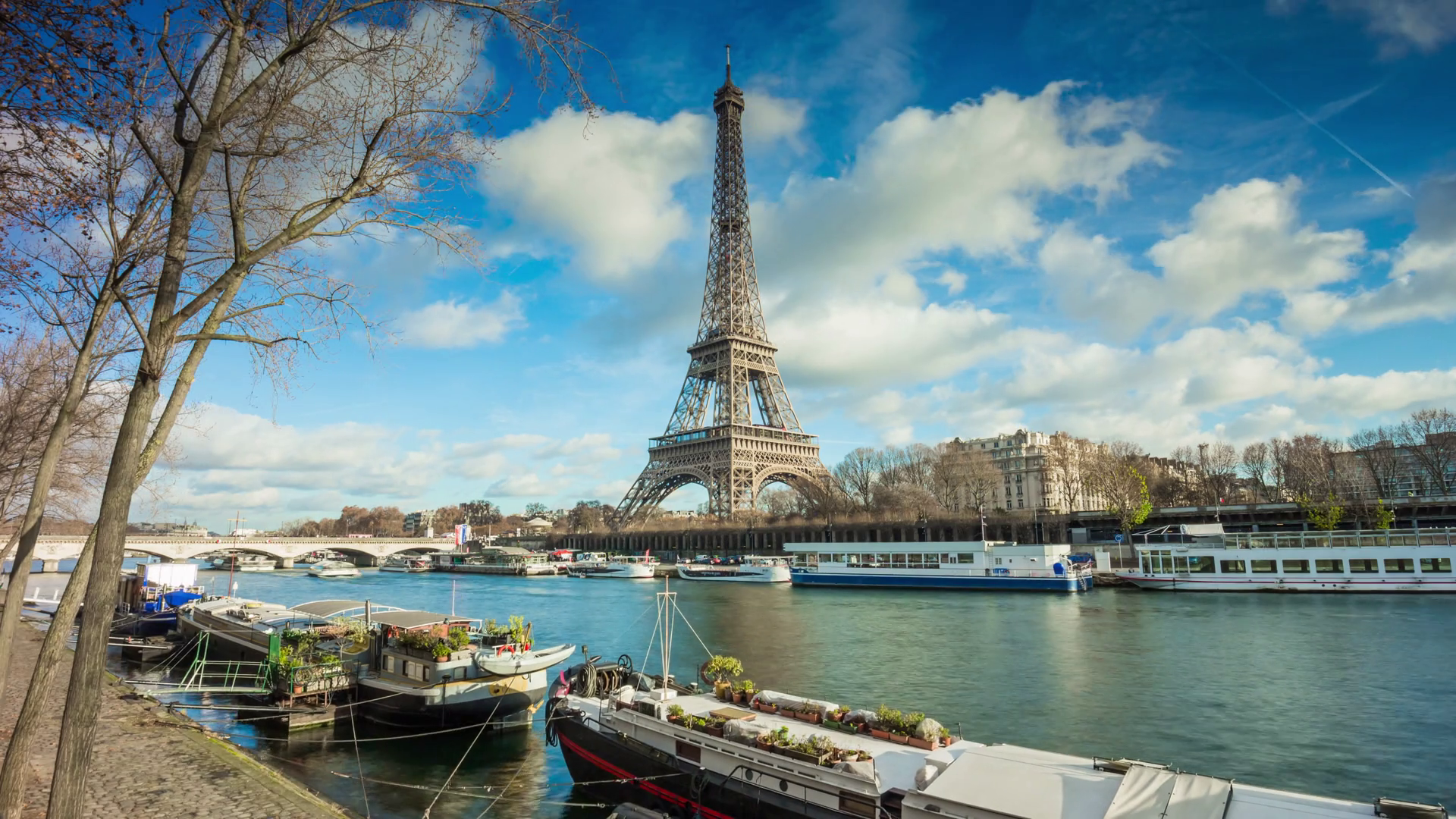 paris city sunny day most popular seine river eiffel tower panorama ...