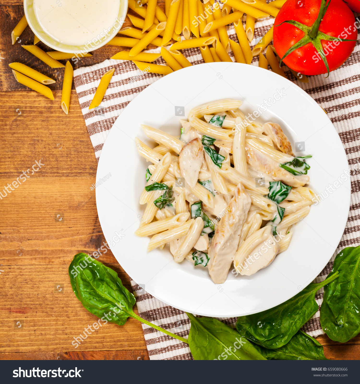 Chicken Alfredo Pasta Spinach Selective Focus Stock Photo & Image ...
