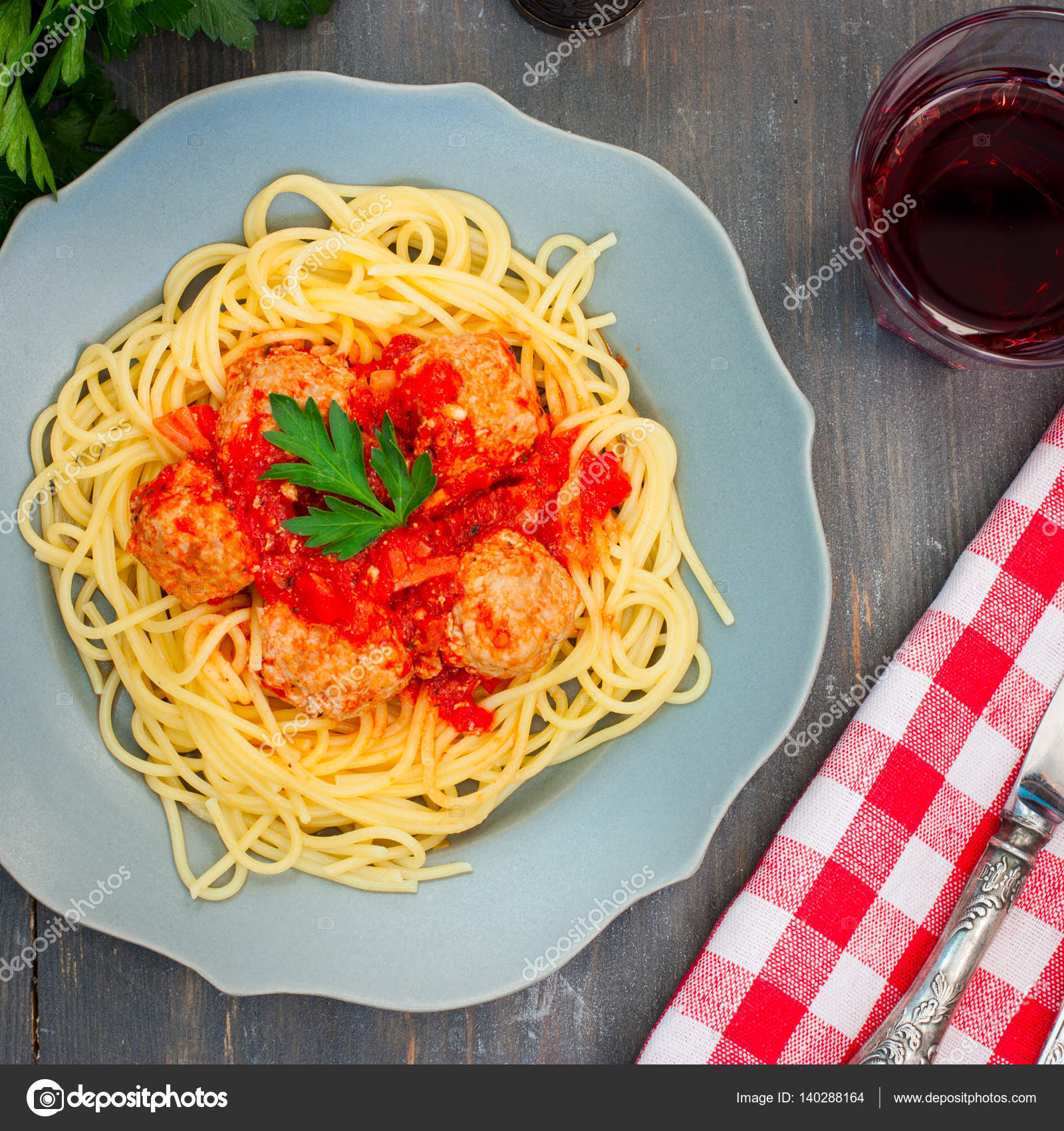 Spaghetti pasta with meatballs and tomato sauce, selective focus ...