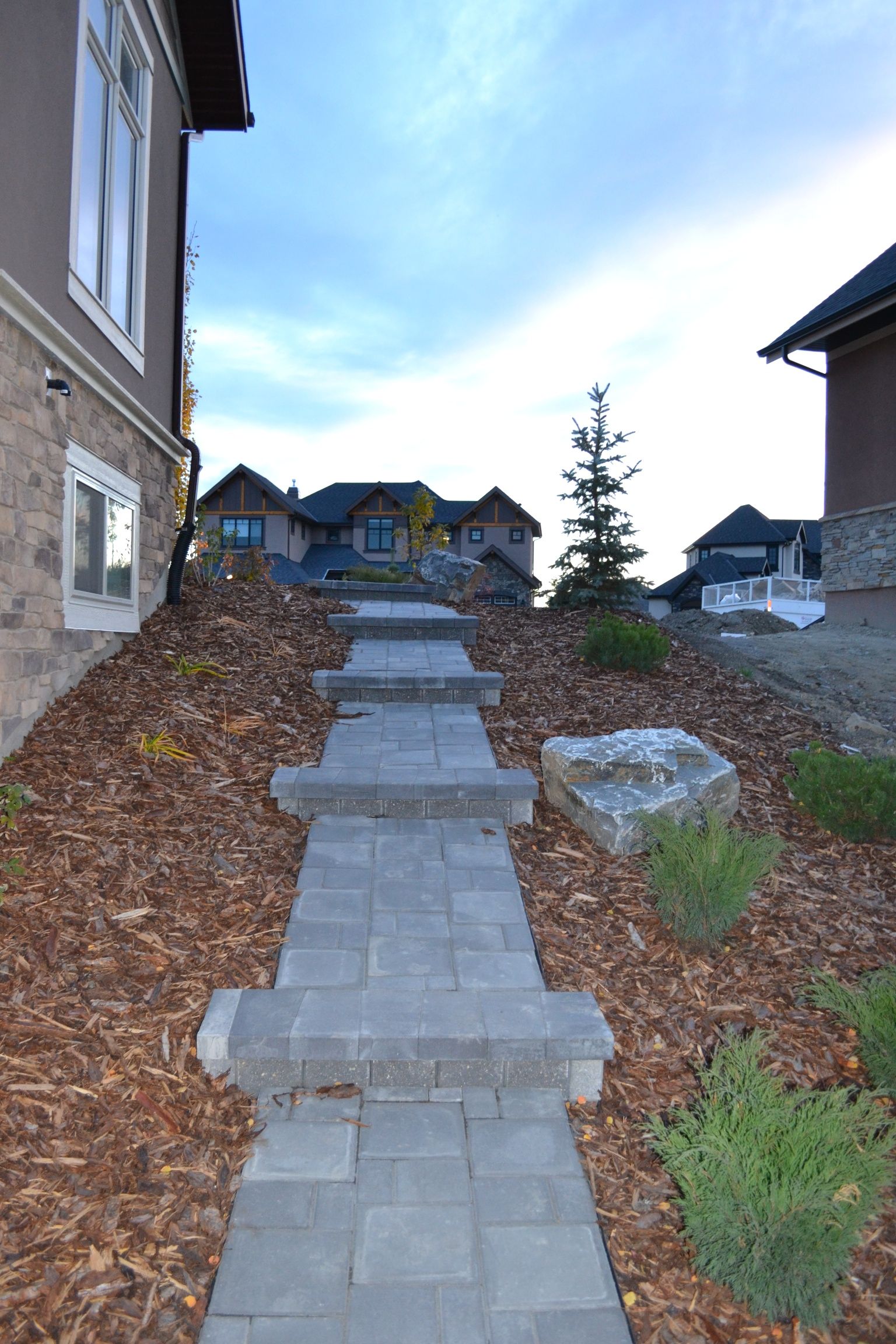 Pathway between homes, lined with mulch and small shrubs. | Outdoor ...