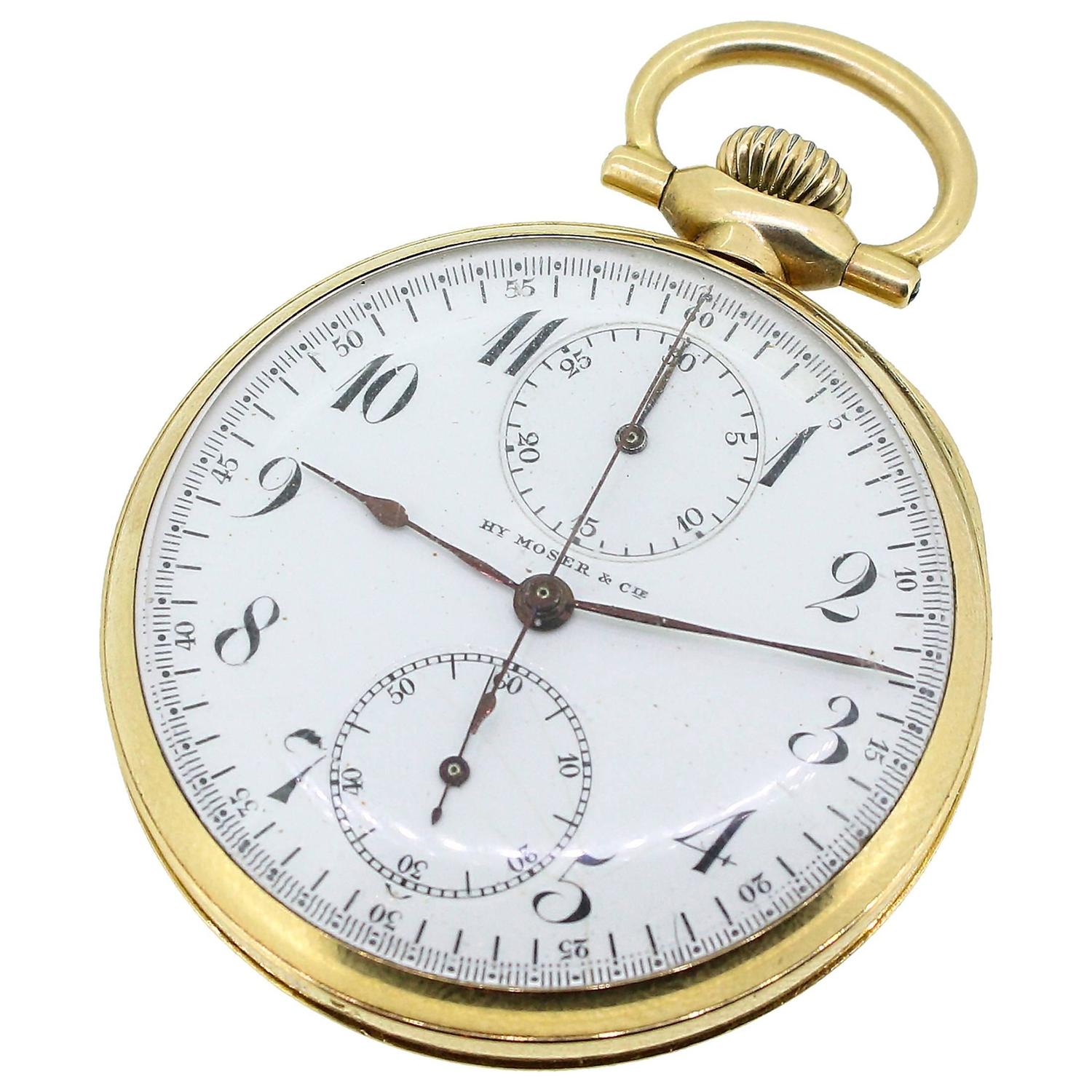 Antique 14k Yellow Gold HY Moser Single Button Chronograph Pocket ...