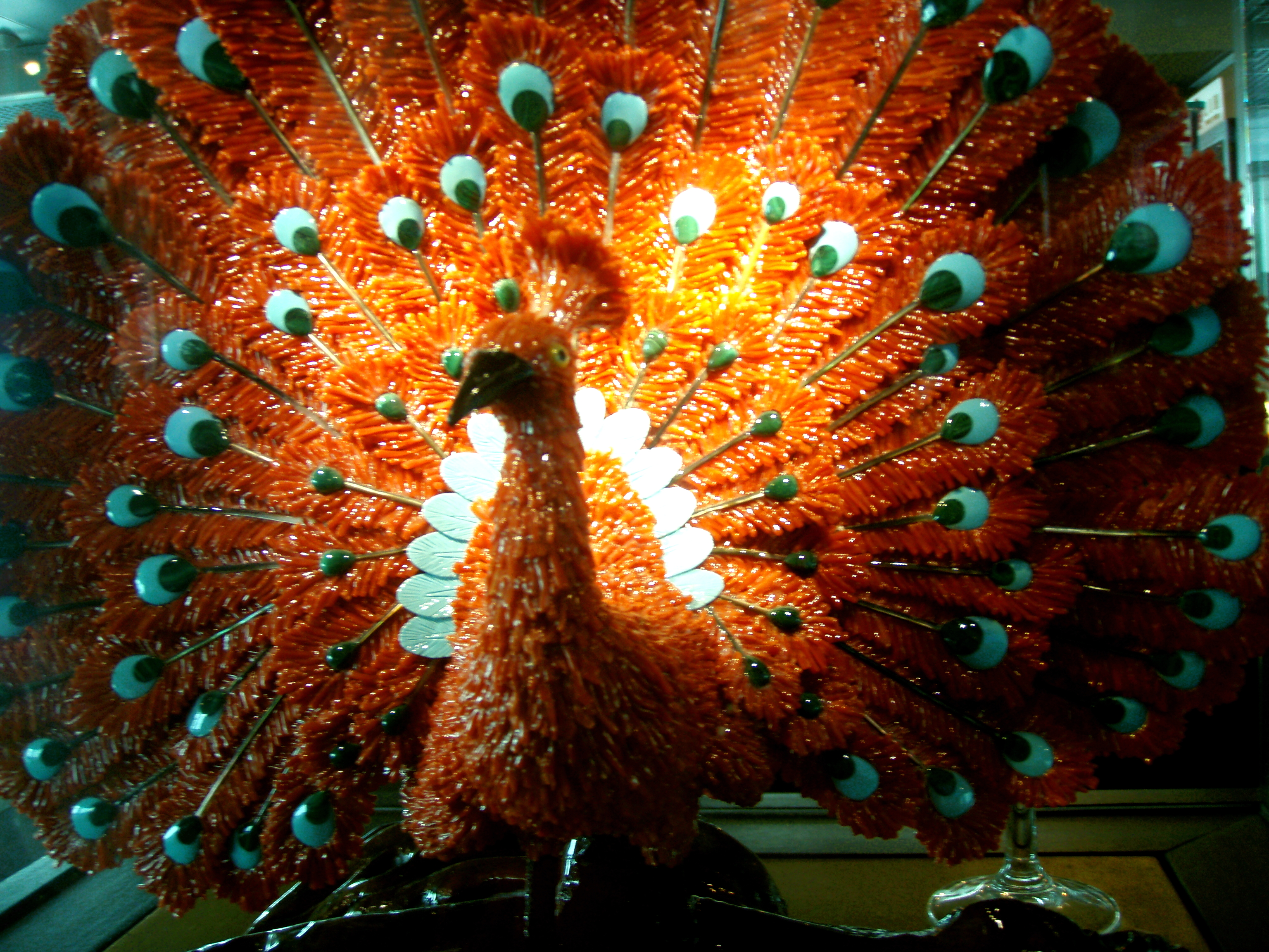 Peacock Coral Statue behind glass, Art, Bird, Colorful, Feathers, HQ Photo
