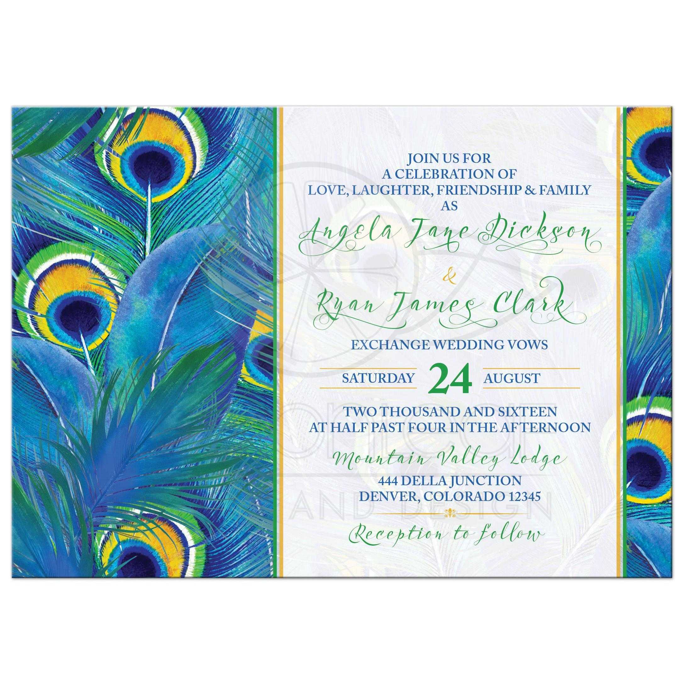Peacock Feather Wedding Invitation | Watercolor | Blue Green Yellow