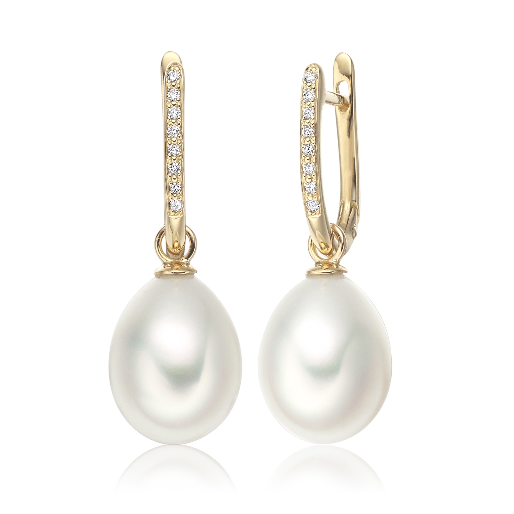 Yellow Gold Diamond Leverbacks with White Freshwater Pearls | Winterson