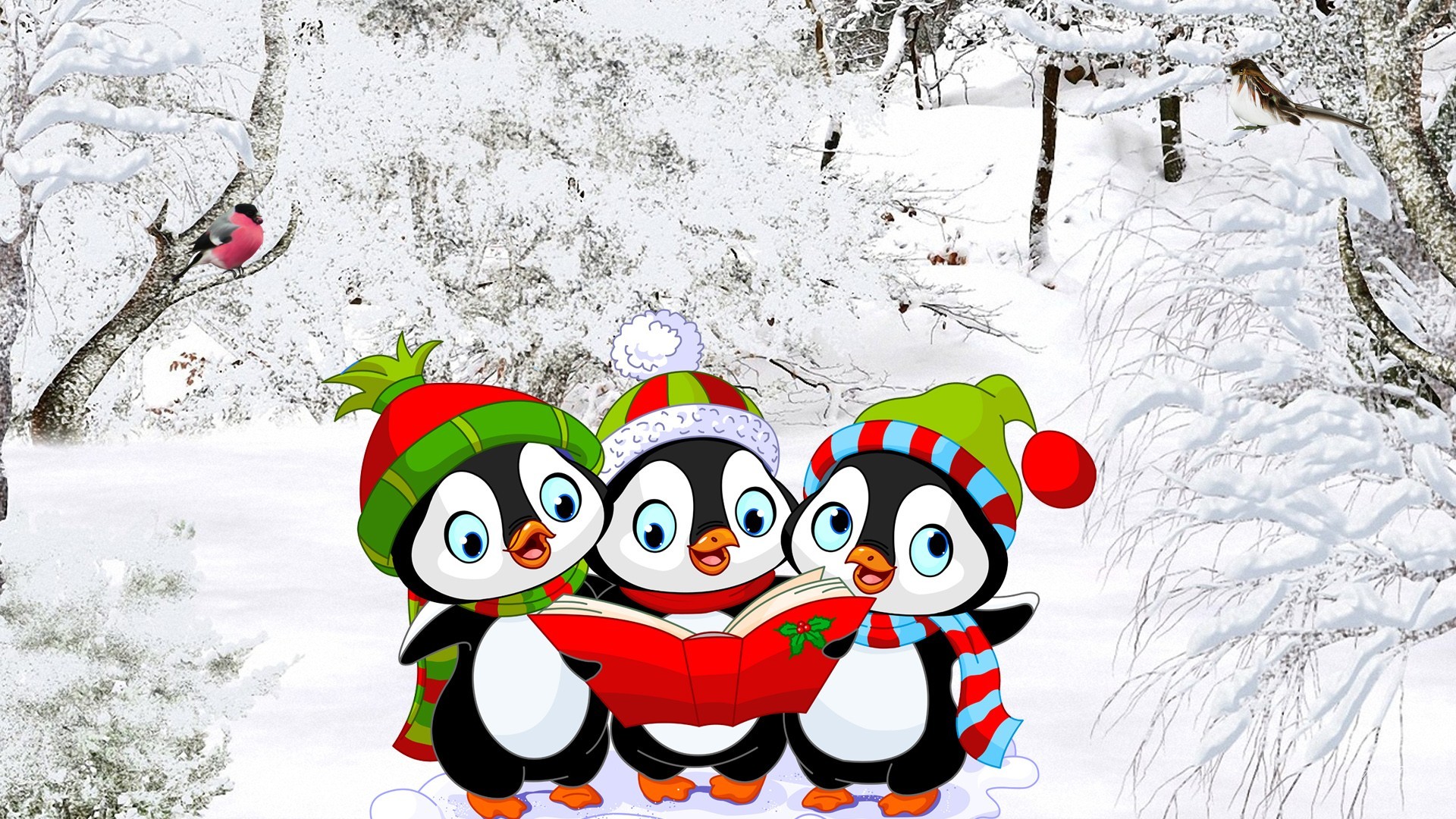 Winter Finch Caroling Sing Snow Singing Feliz Music Penguins Trees ...