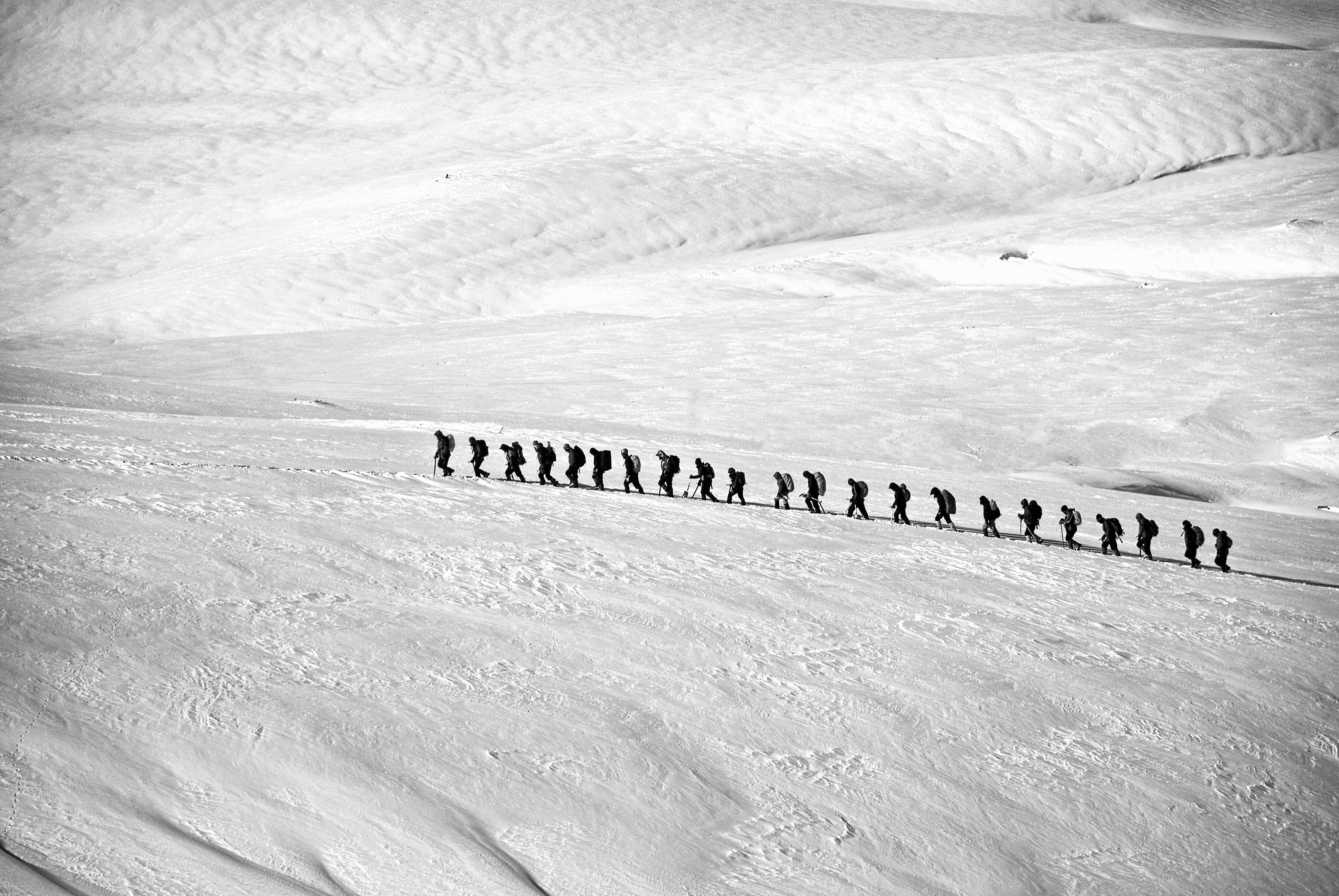 People Walking on Snow Field Grayscale Photography, Adventure, Walking, Trekking, Snow, HQ Photo