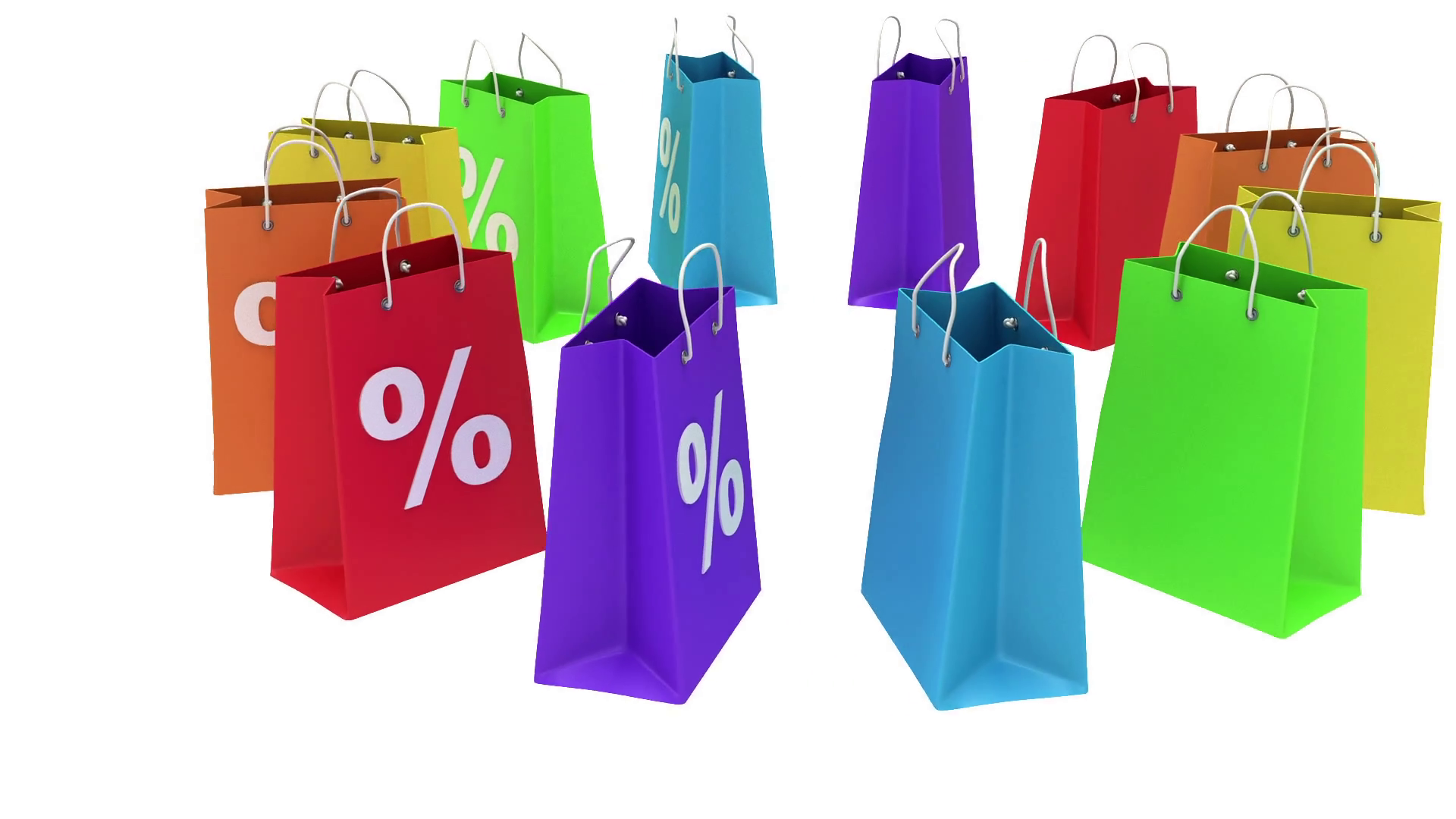 Colorful shopping paper bags animation. Bags with percent signs ...