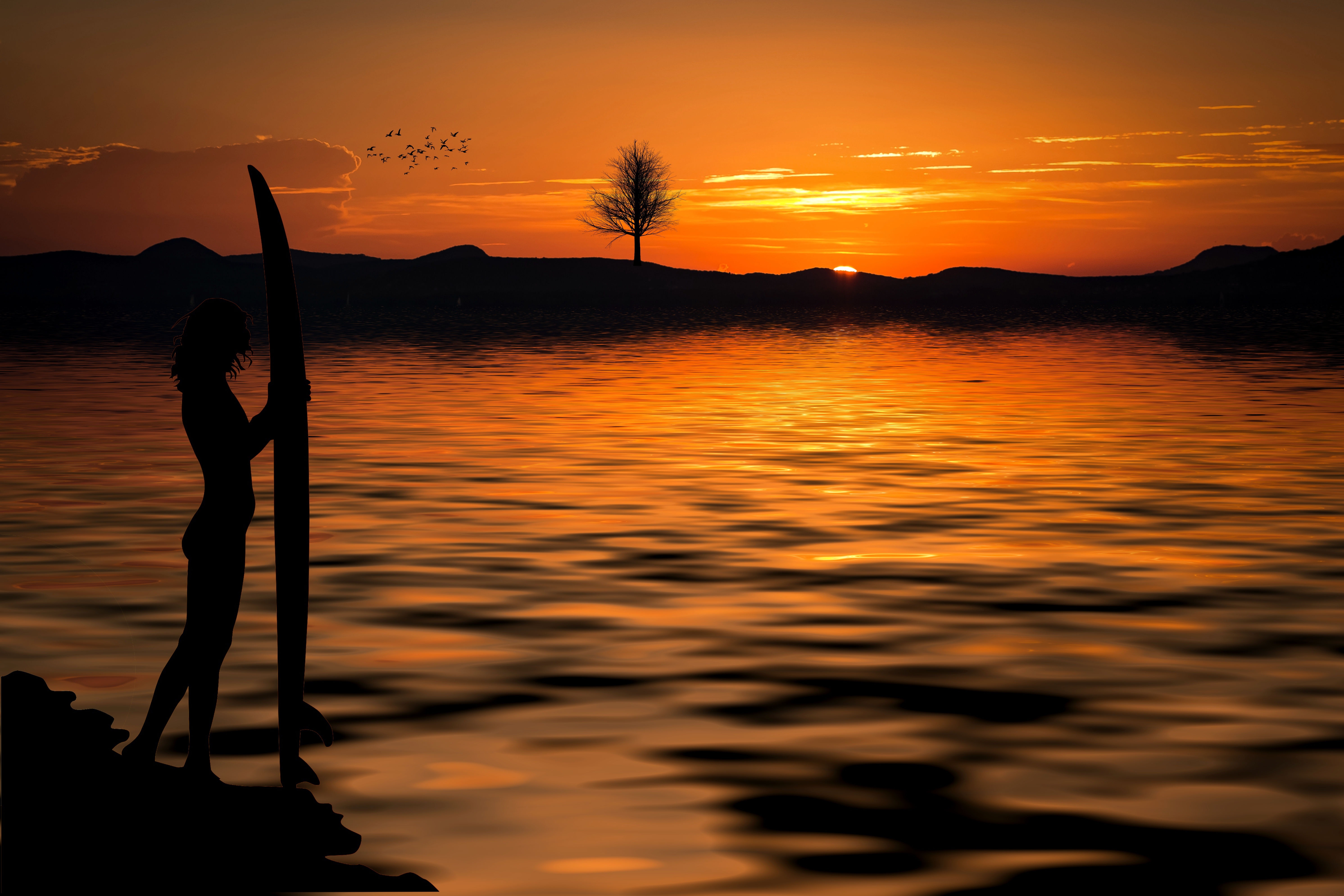 Person holding a surfboard near the sea on a setting sun photo