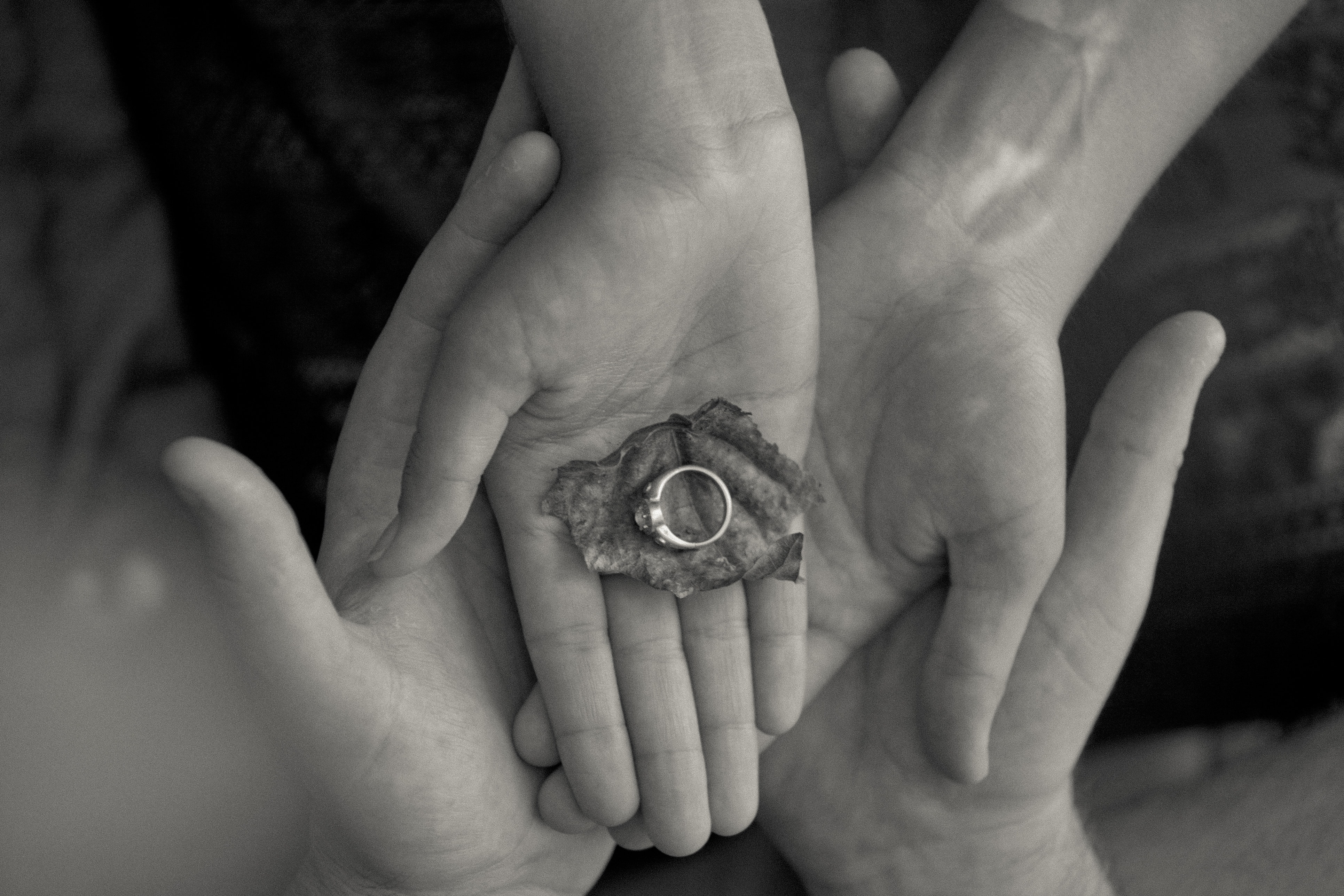 Person holding leaf and ring in grayscale photo