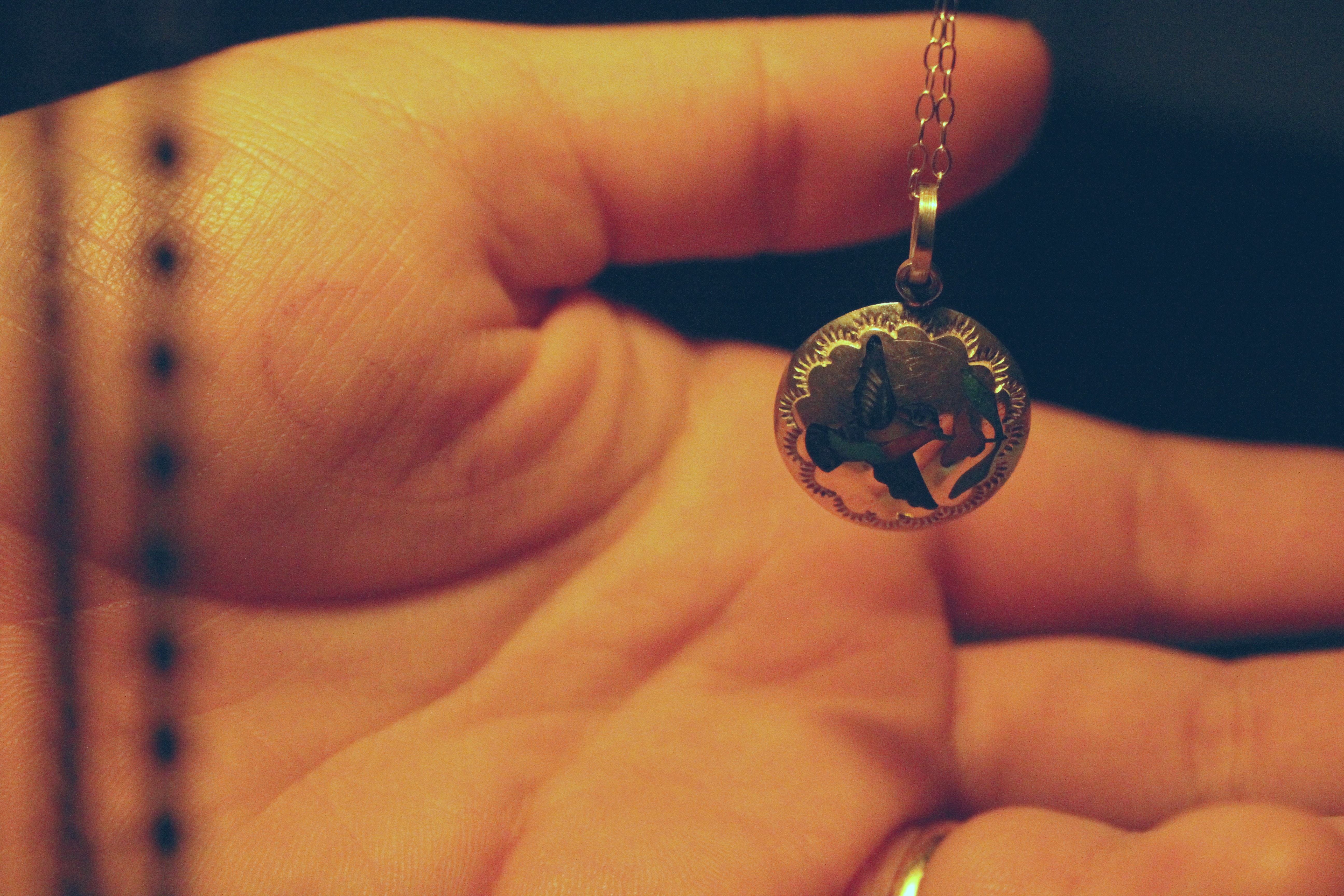 Person holding round silver-colored necklace pendant photo