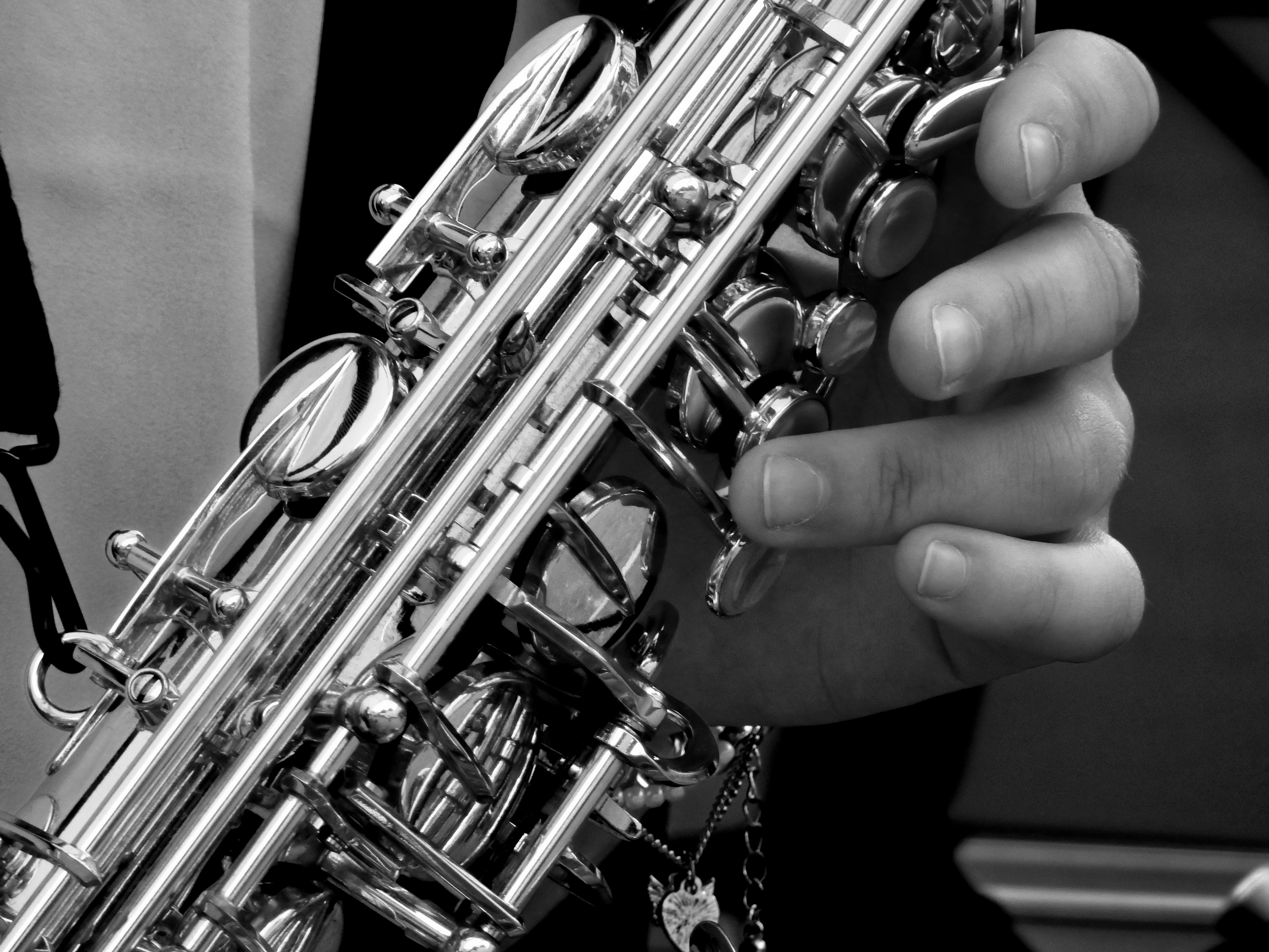 Person Holding Saxophone in Gray Scale Photography, Black-and-white, Hand, Jazz, Music, HQ Photo