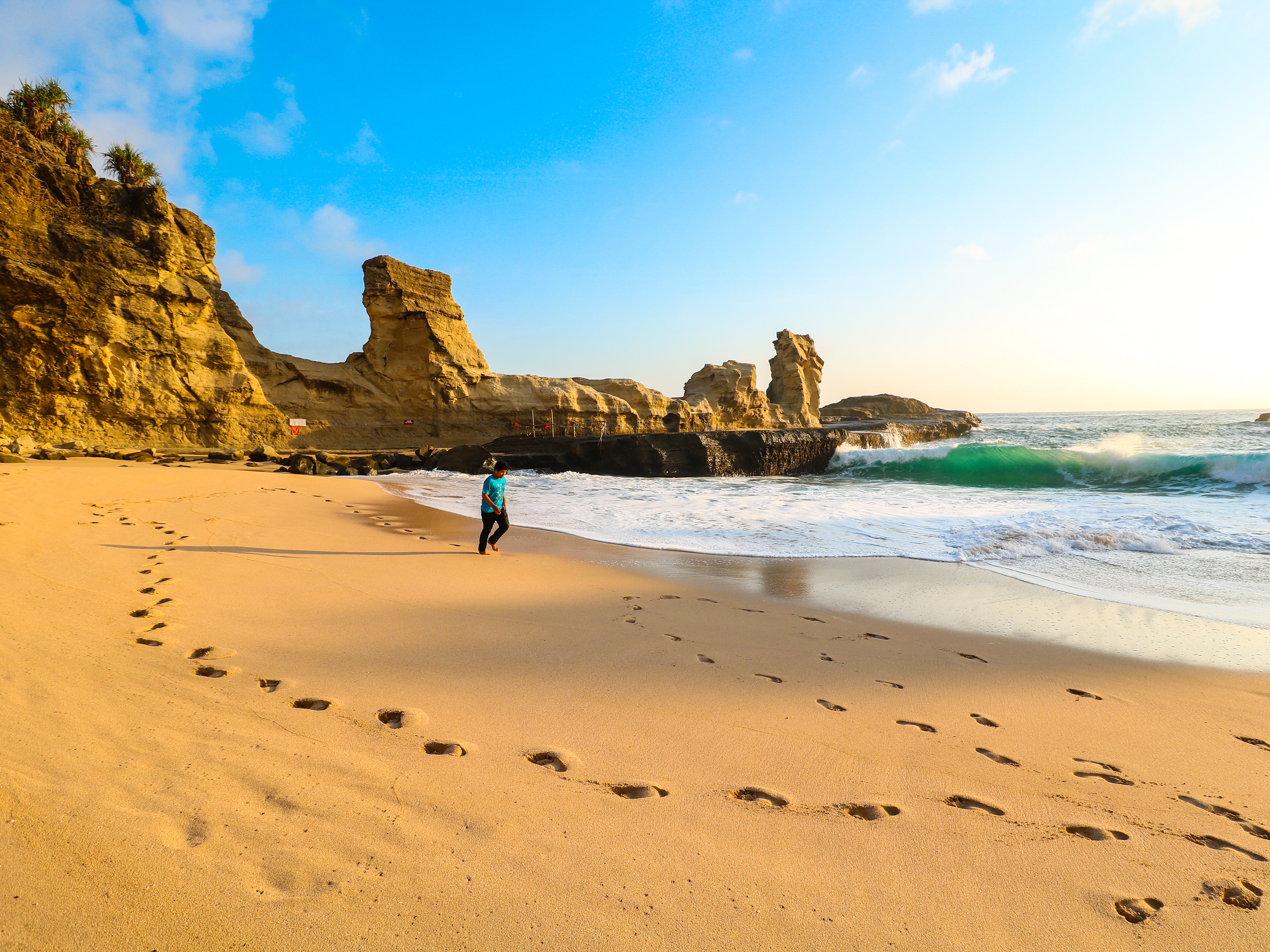 Person walks on brown seashore near rock formations photo
