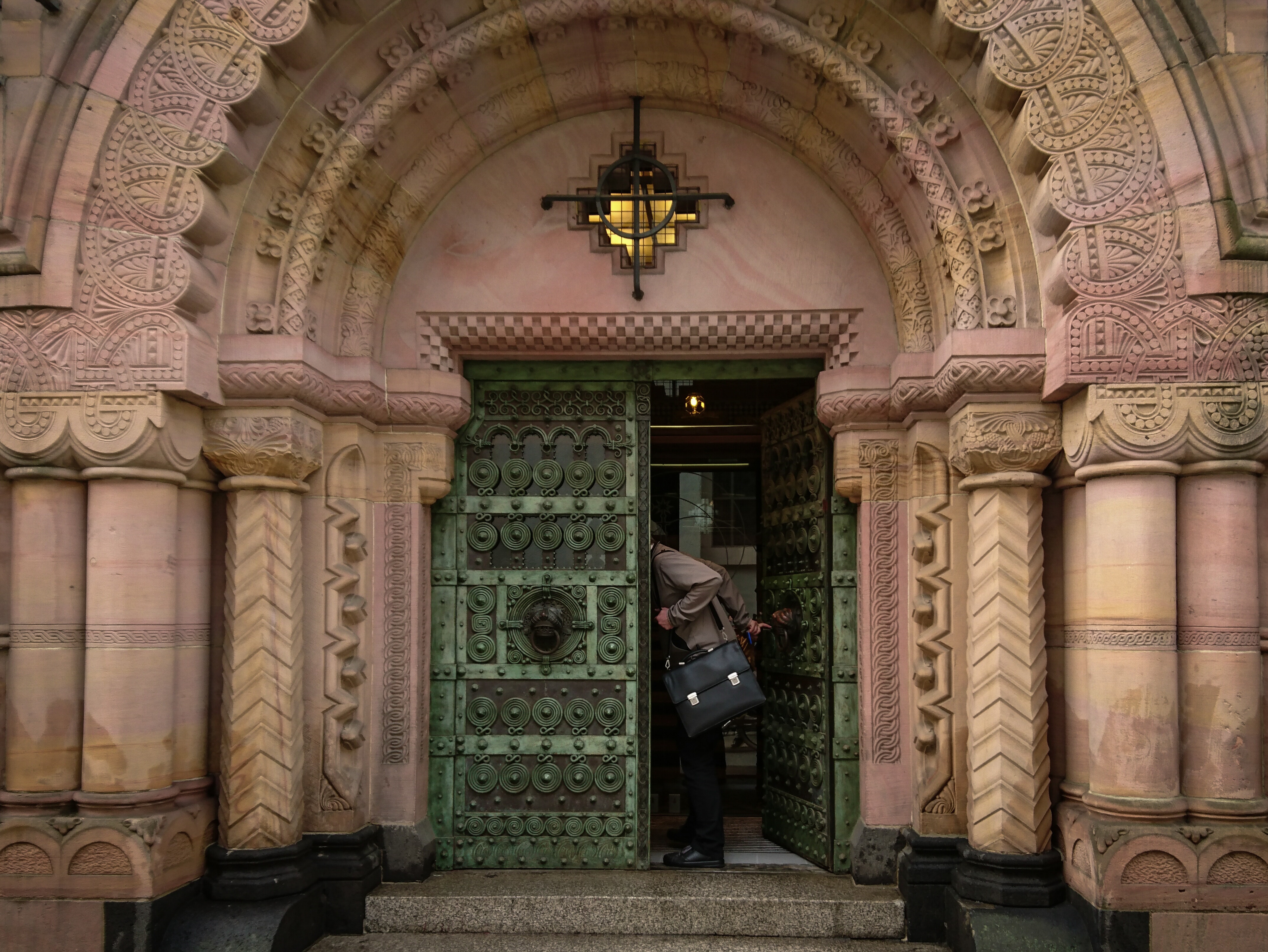 Person Wearing Gray Jacket on Green Door, Architecture, Building, Door, Entrance, HQ Photo