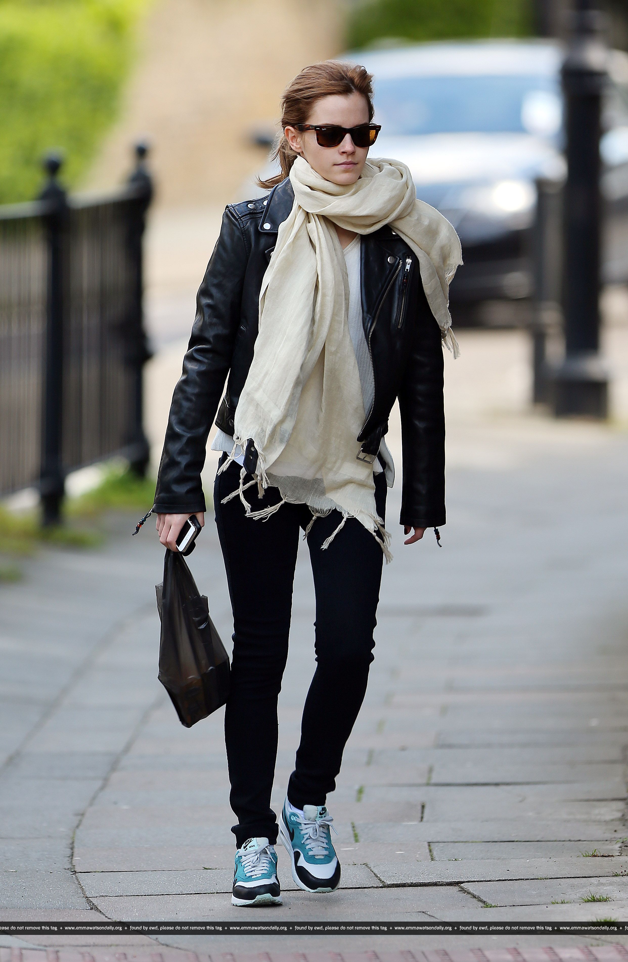 Emma Watson Wearing A Black Leather Bikers Jacket, White Top, Cream ...