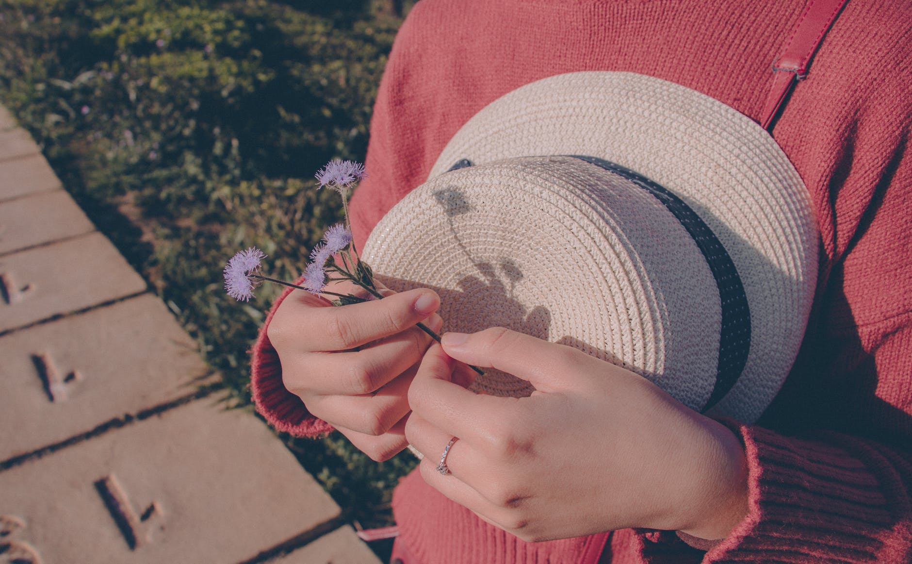 Person wearing sweater holding flower and hat photo
