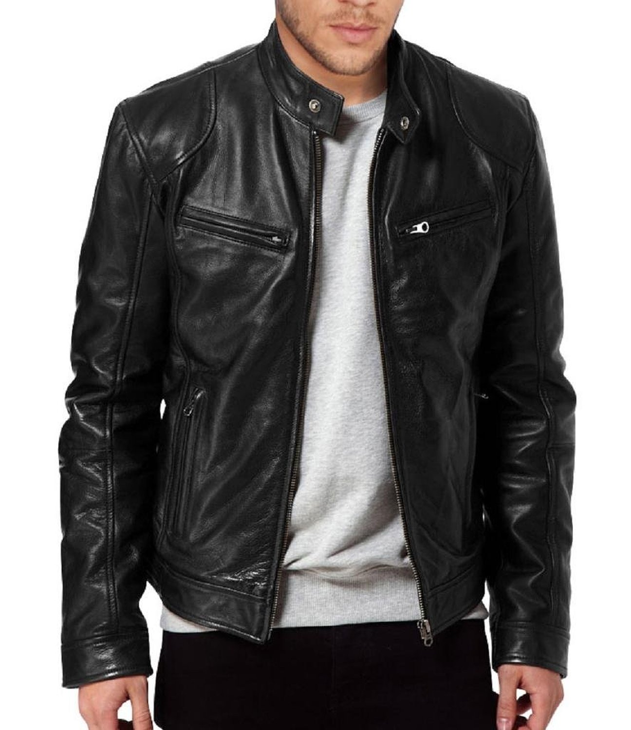 Men's SWORD Genuine Lambskin Black Leather Biker Jacket | Zed ...
