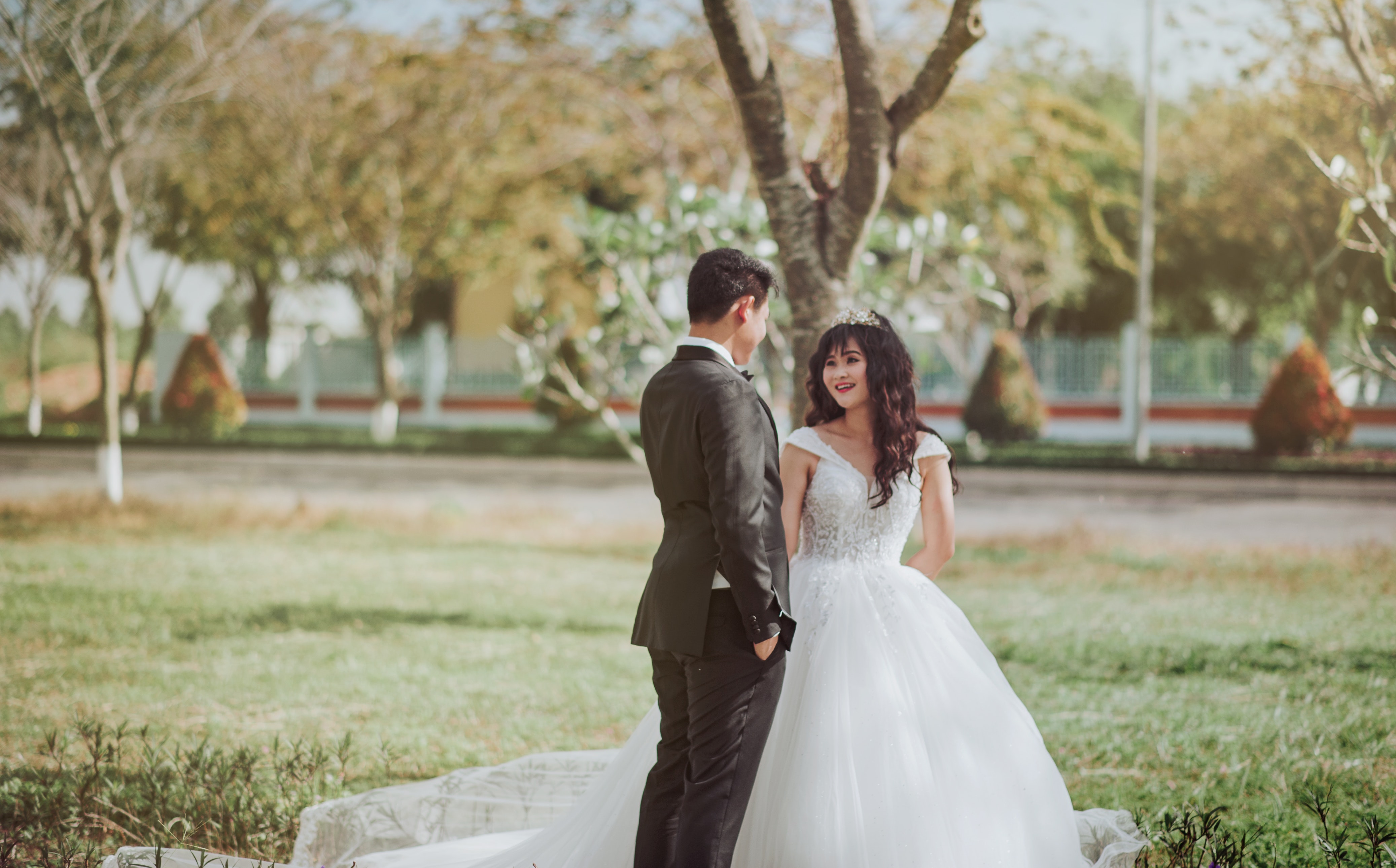 Photo of Bride and Groom Talking, Adult, Smiling, Park, People, HQ Photo