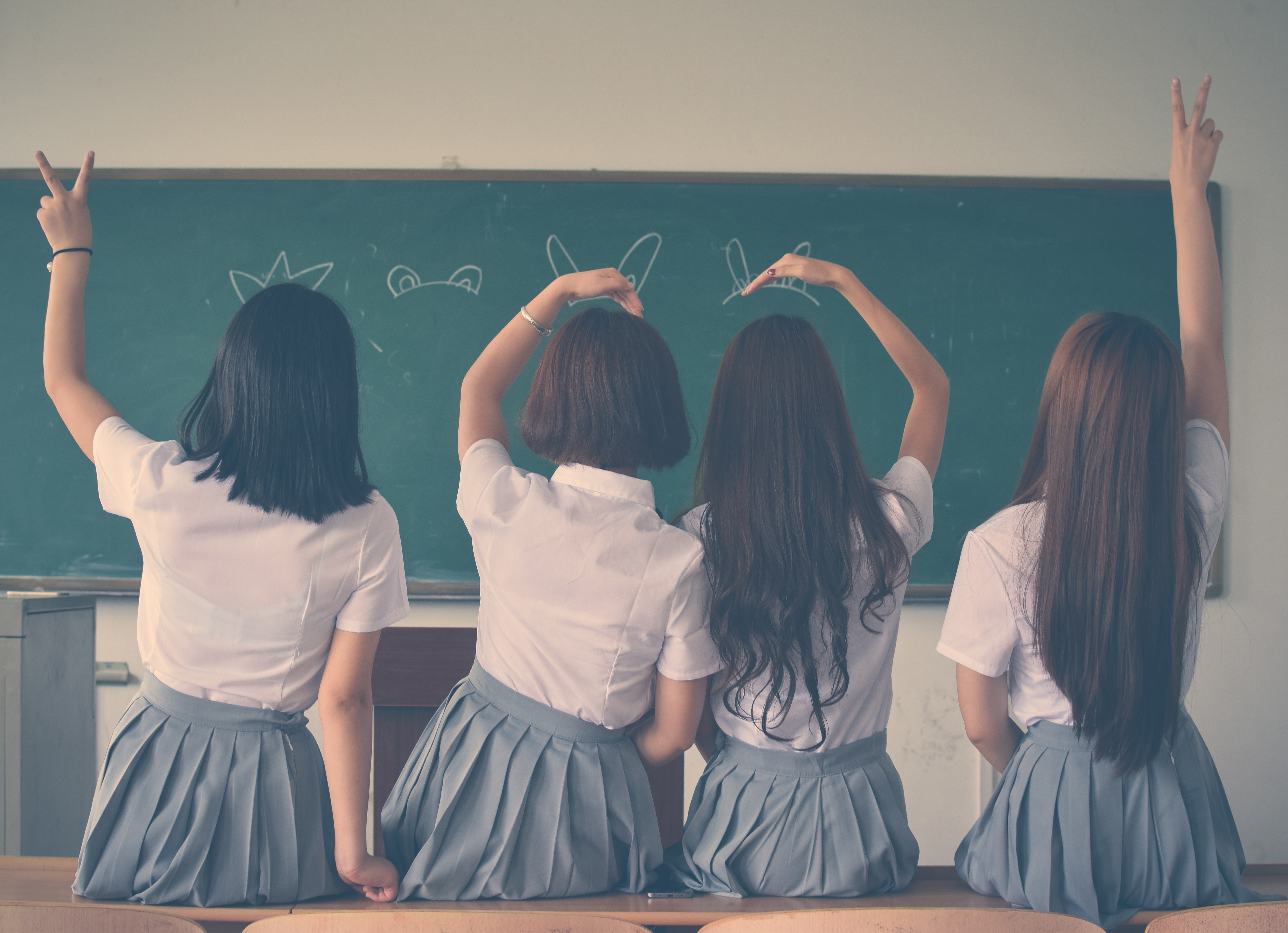 Photo of Four Girls Wearing School Uniform Doing Hand Signs, Leisure, Young, Woman, Wear, HQ Photo