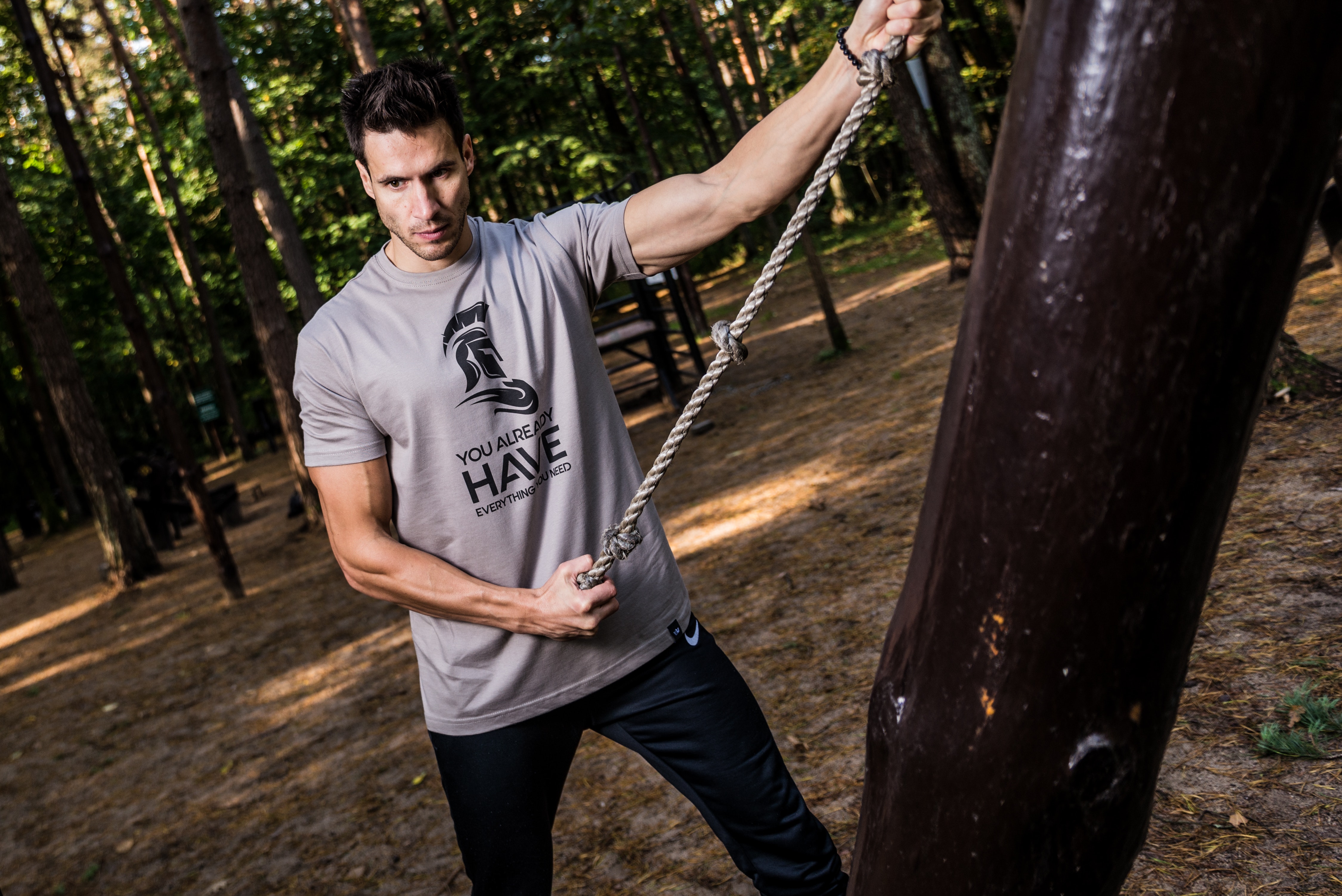 Photo of Man in Gray Shirt Holding Brown Rope, Adult, Pants, Wear, Trees, HQ Photo