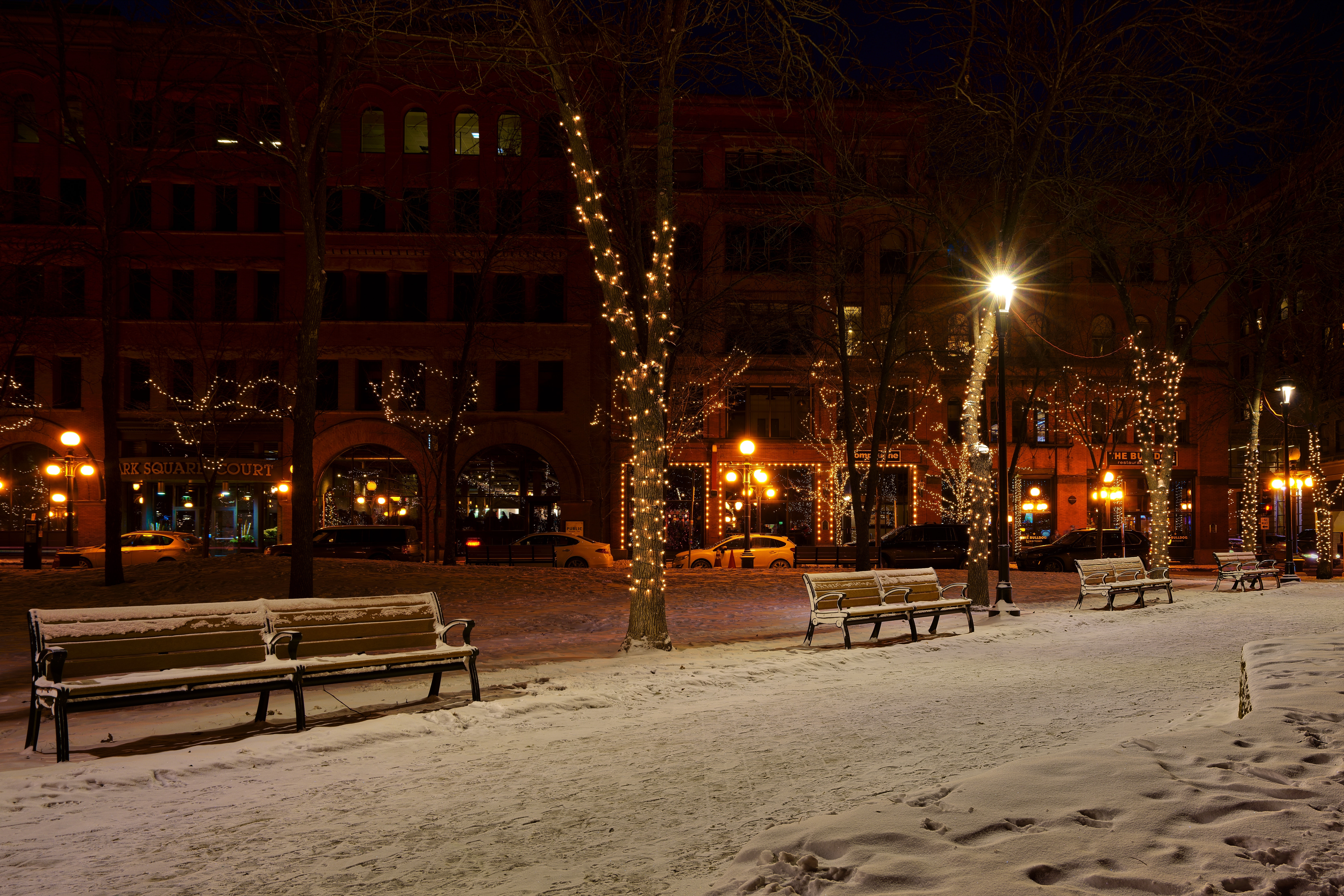 Photo of Snow Covered Benches in the Street, Architecture, Road, Weather, Urban, HQ Photo
